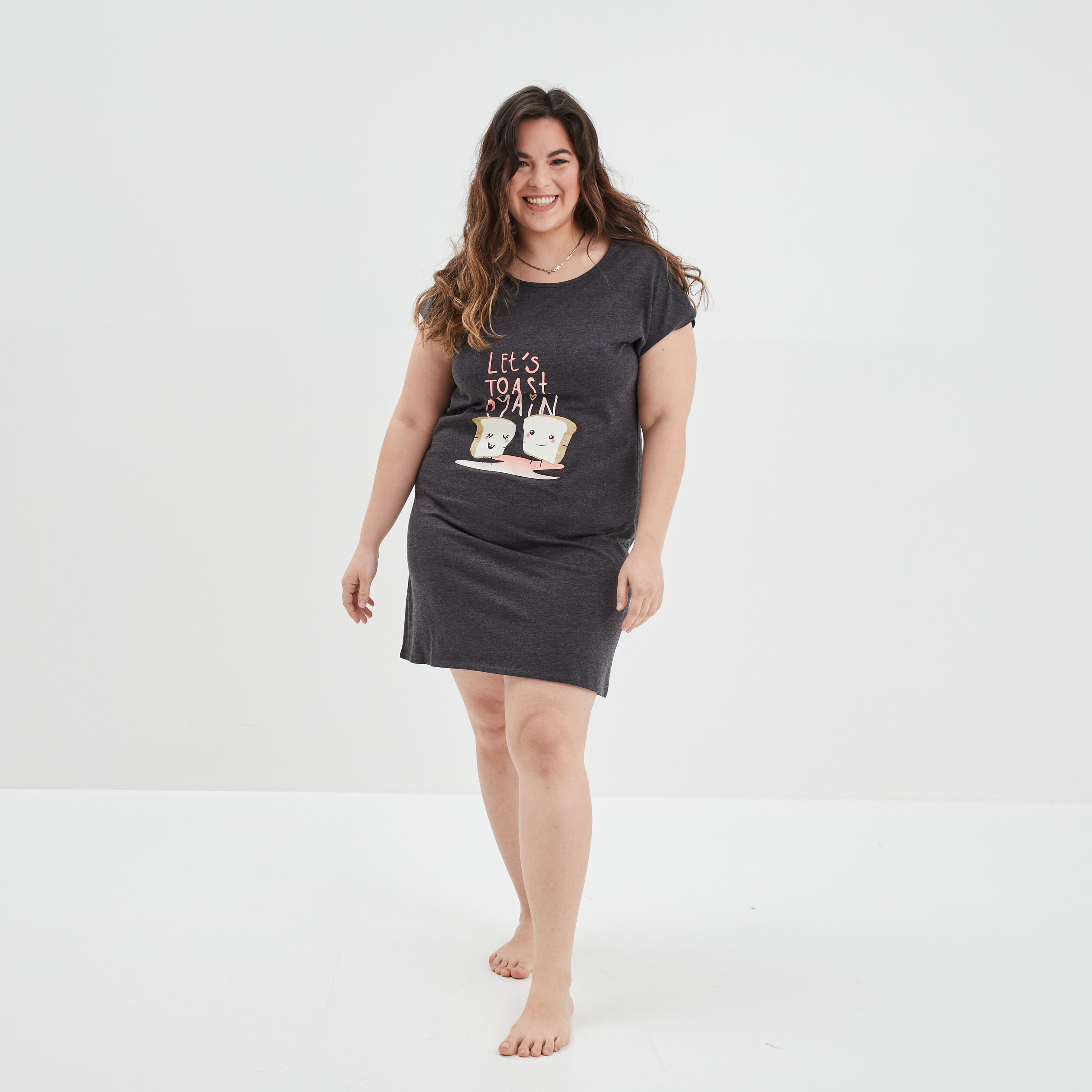 Chemise de nuit manches courtes coton gris foncé femme grande taille | La Halle