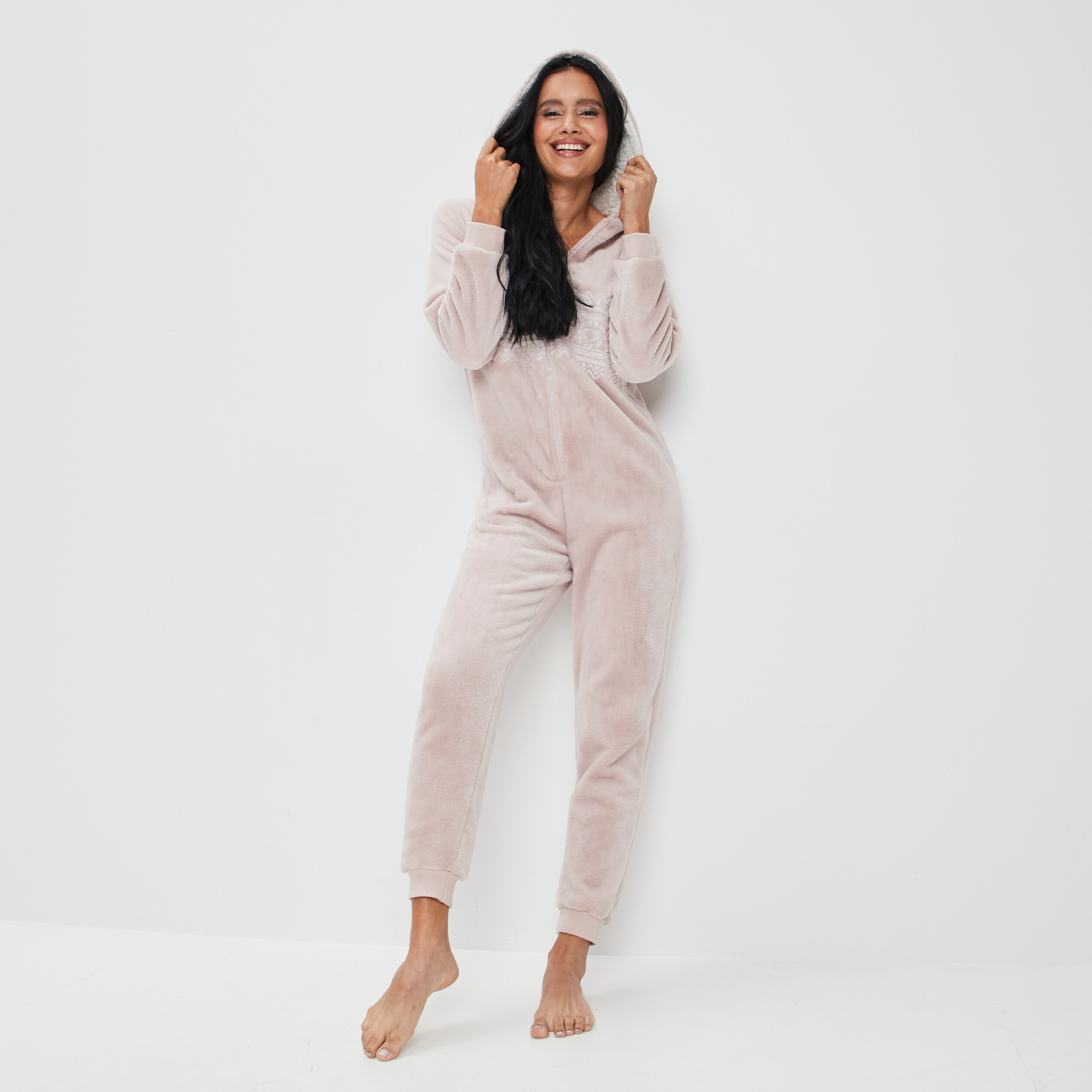 Combinaison pyjama à capuche rose clair femme | La Halle