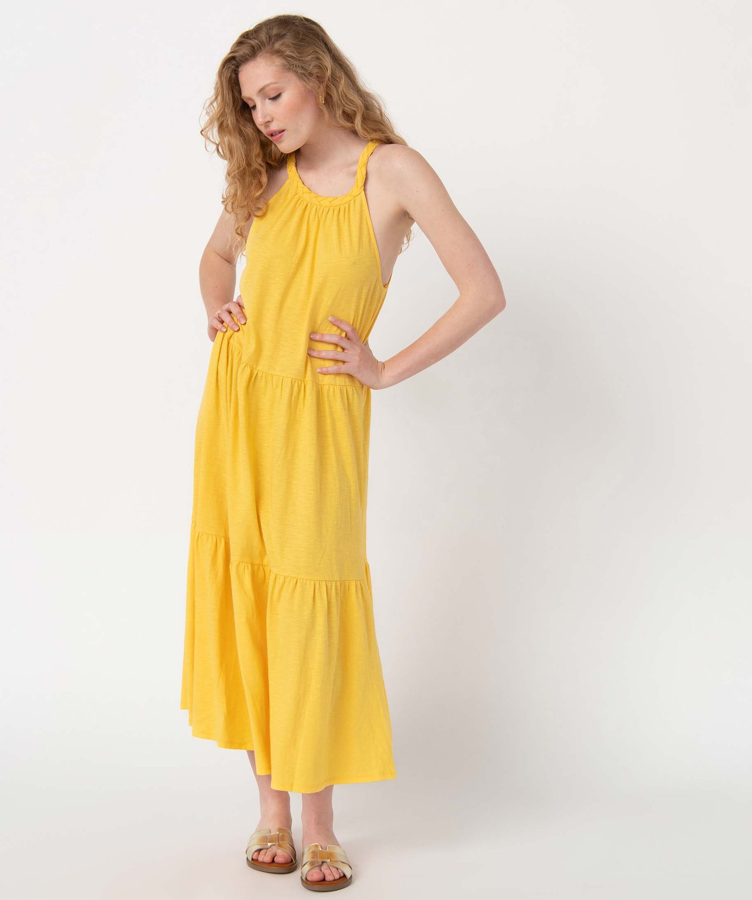 Robe femme longue sans manches avec col tressé jaune | GEMO