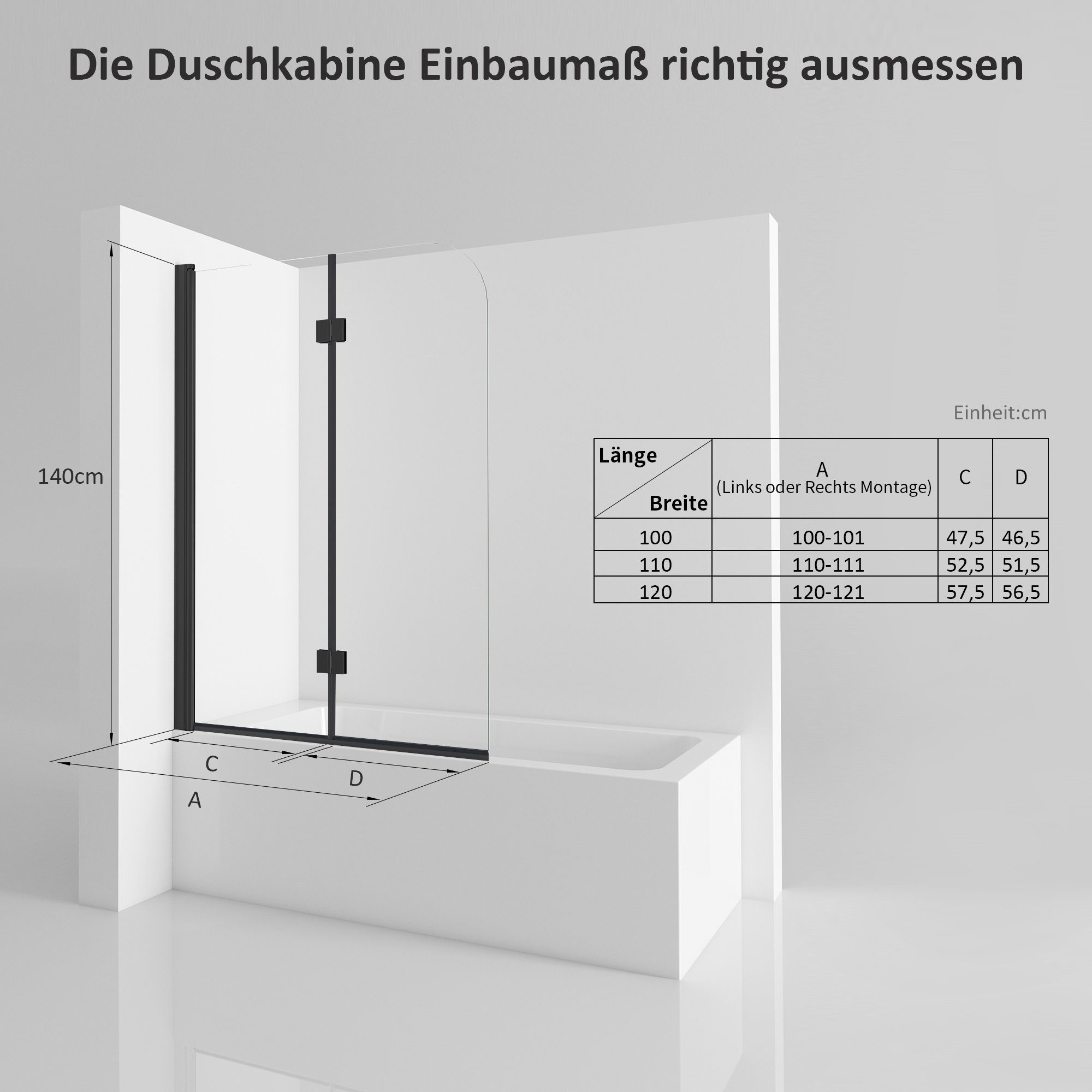 GOEZES Badewannenfaltwand BxH:100x140 110x140 120x140cm Badewannenaufsatz 2 teilig 180° faltbar, 5mm Sicherheitsglas beideseitig Nano, Verstellber Aluprofile, Rechts-und Links montierbar