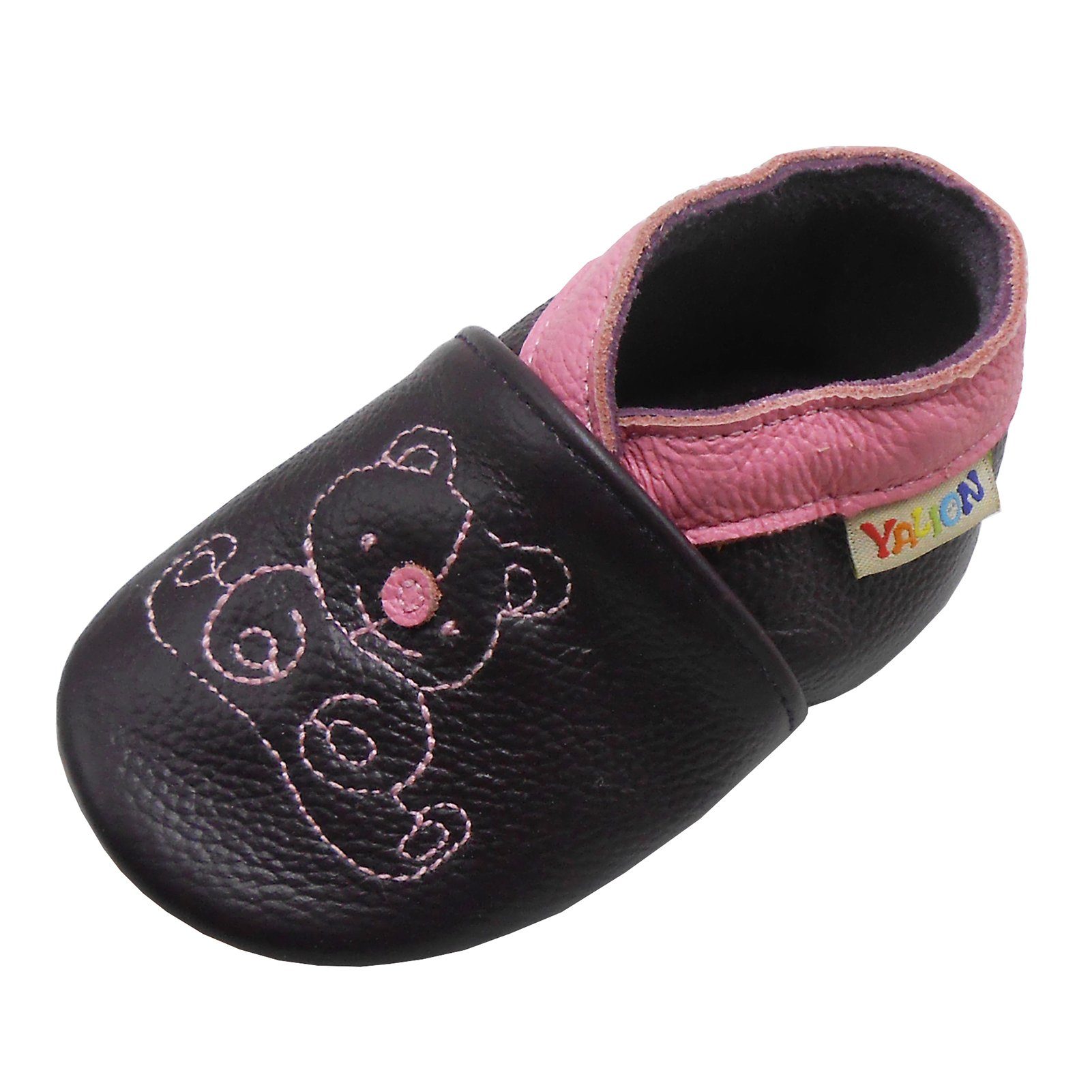 Yalion Weiche Leder Lauflernschuhe Hausschuhe Lederpuschen Bär Dunkellila Krabbelschuh elastisch