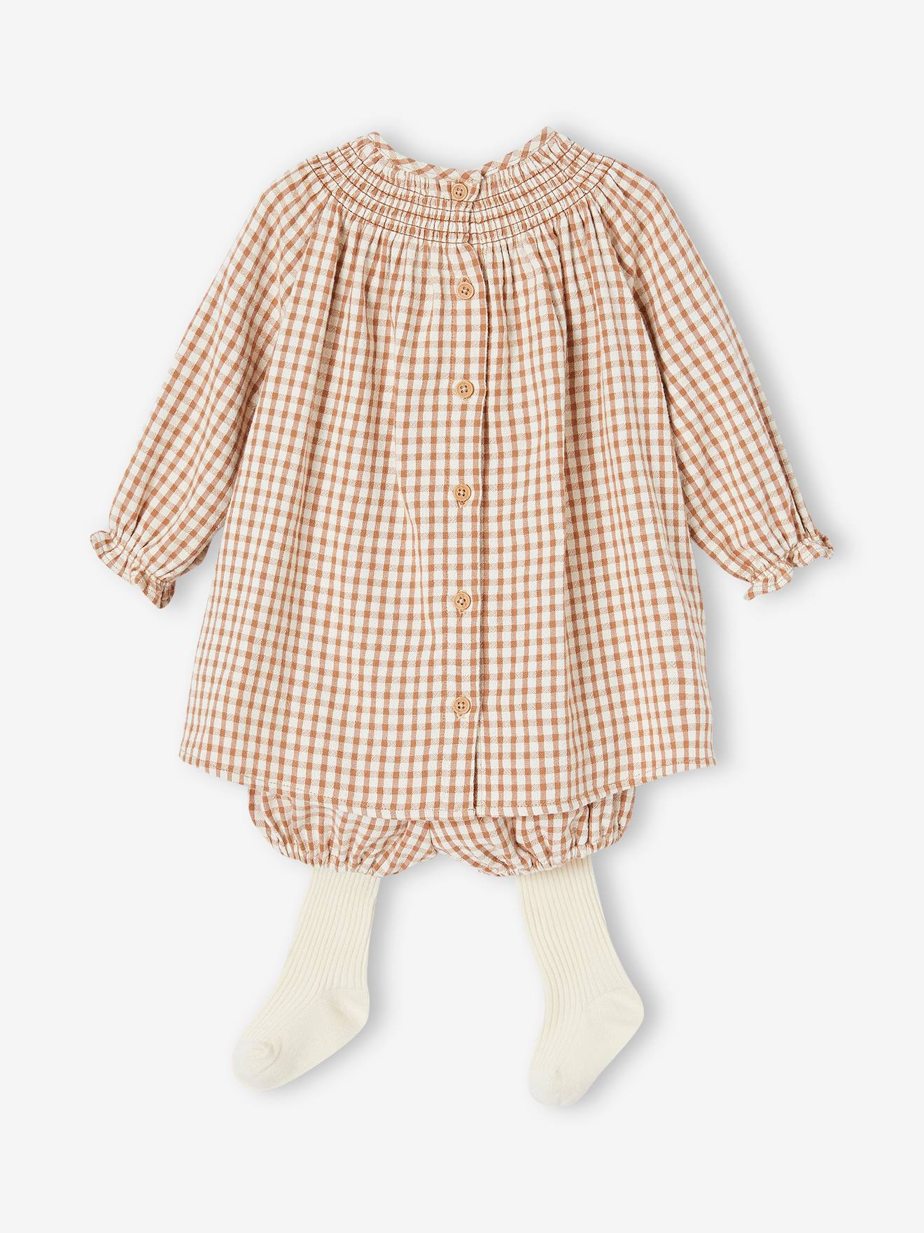 Vertbaudet Mädchen Baby-Set: Kleid, Shorts & Strumpfhose - pekannüsse
