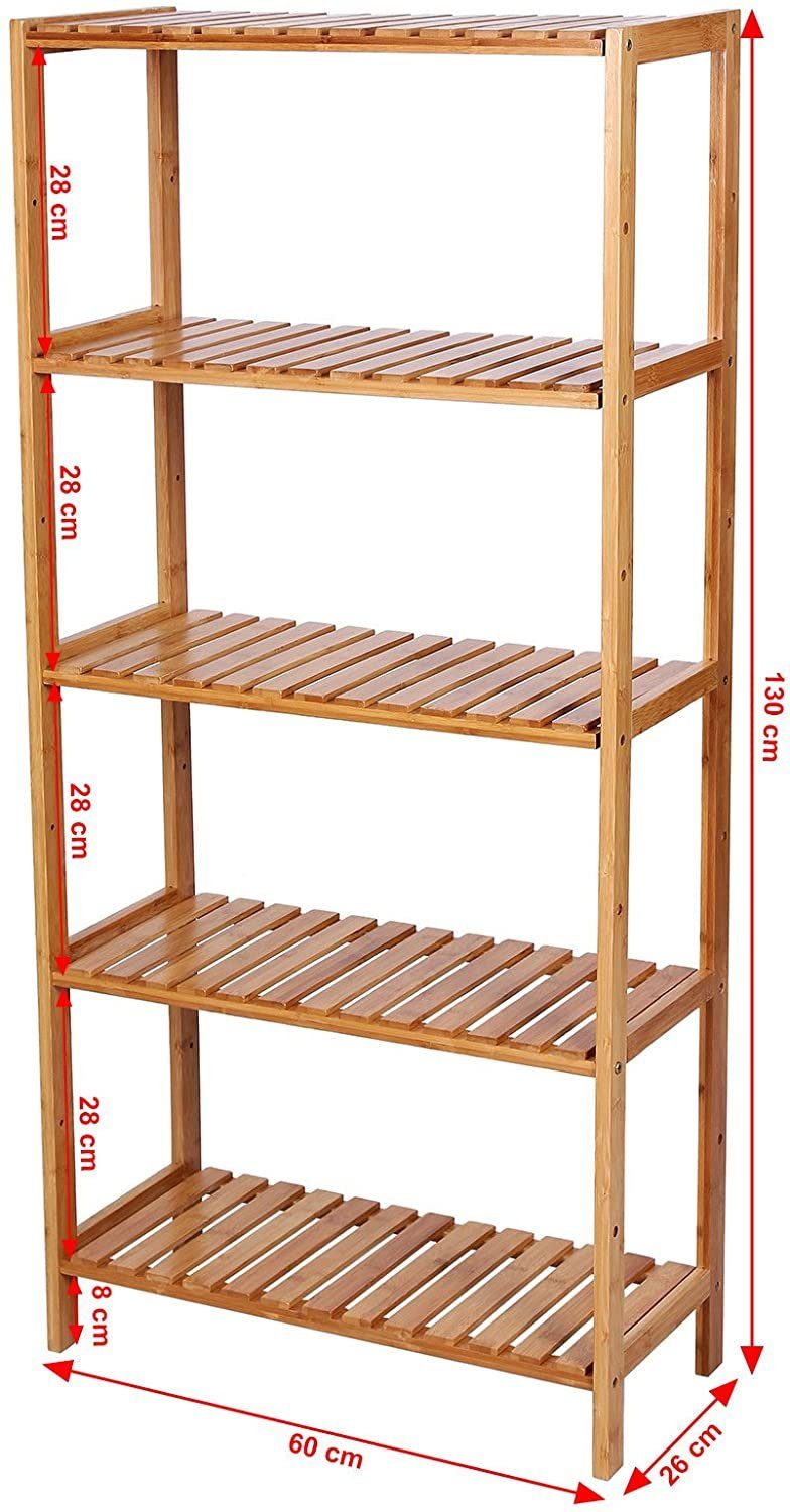 SONGMICS Badregal Bücherregal, 5 Ebenen, stufig höhenverstellbar, Bambus