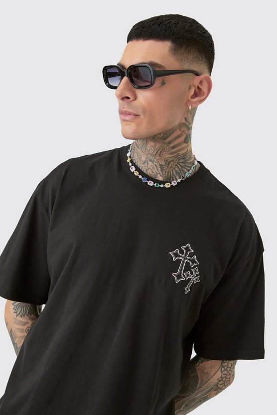 Tall schwarzes Oversize T-Shirt mit Kreuz-Stickerei