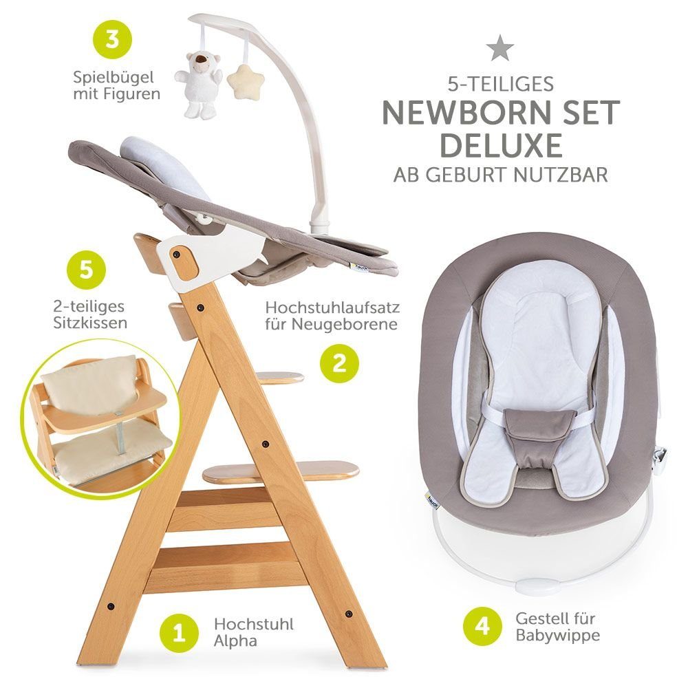 Hauck Hochstuhl Alpha Plus Natur - Newborn Set (Set, 4 St), Holz Babystuhl ab Geburt inkl. Aufsatz für Neugeborene & Sitzauflage