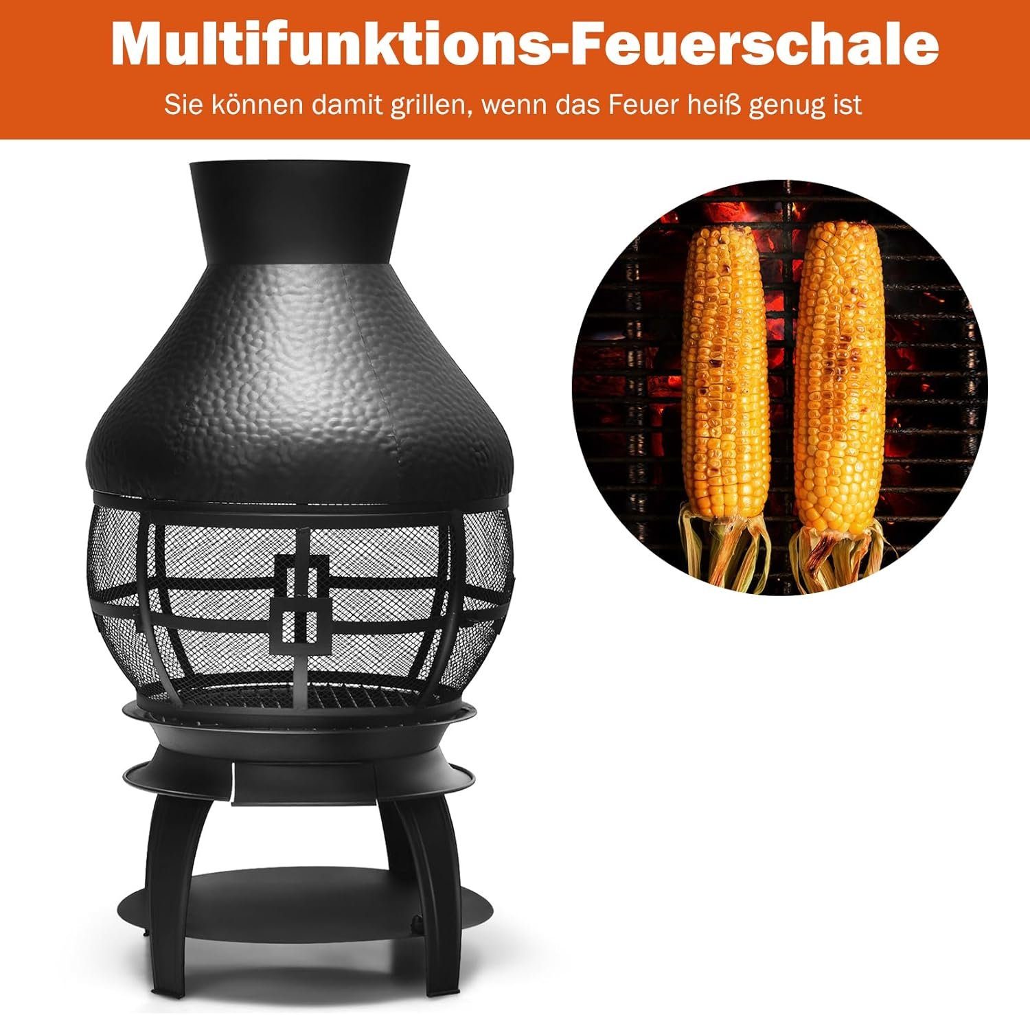 KOMFOTTEU Feuerkorb Terrassenofen, mit Funkenschutzgitter, Deckel, Holzkohlerost & Schürhaken