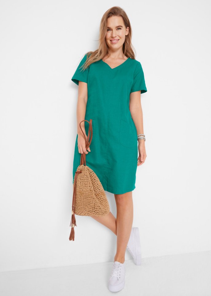 Knielanges Kleid mit Leinen und V-Ausschnitt, Halbarm