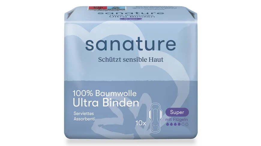 Sanature 100% Baumwolle Ultra Binden Super mit Flügeln