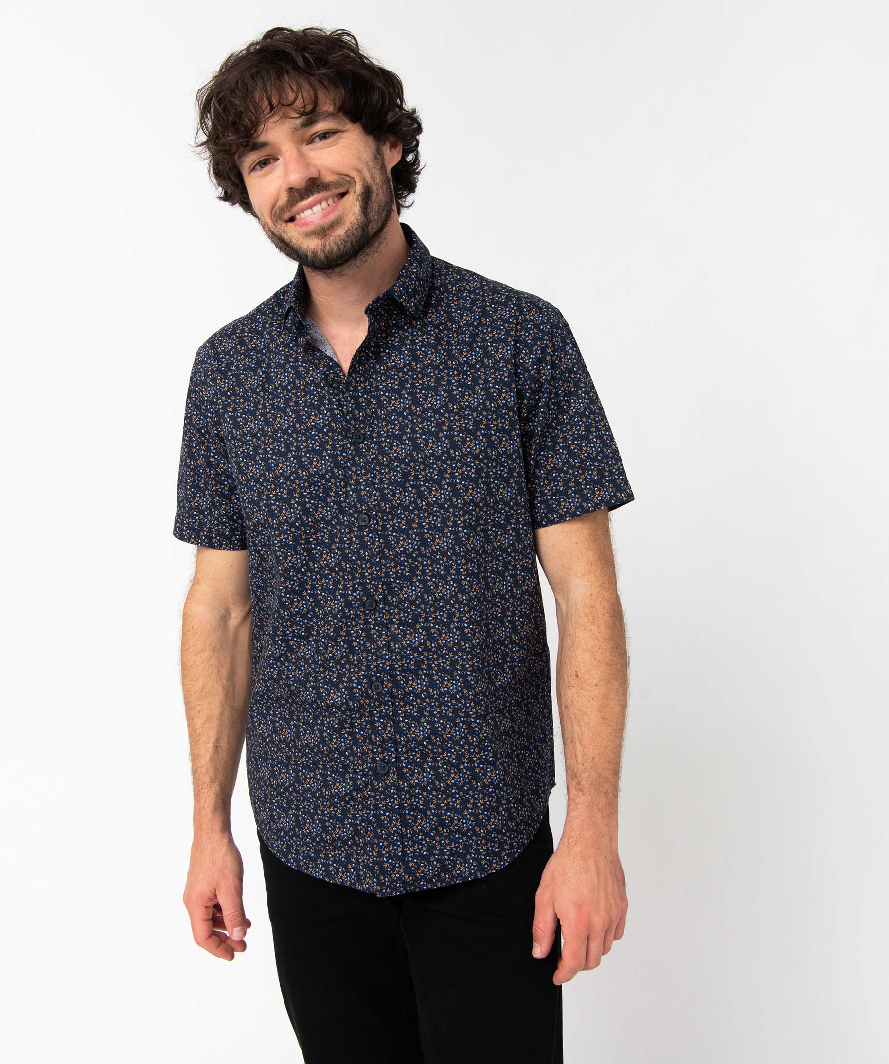 Chemise homme manches courtes coupe droite à motif fleuri bleu fonce | GEMO