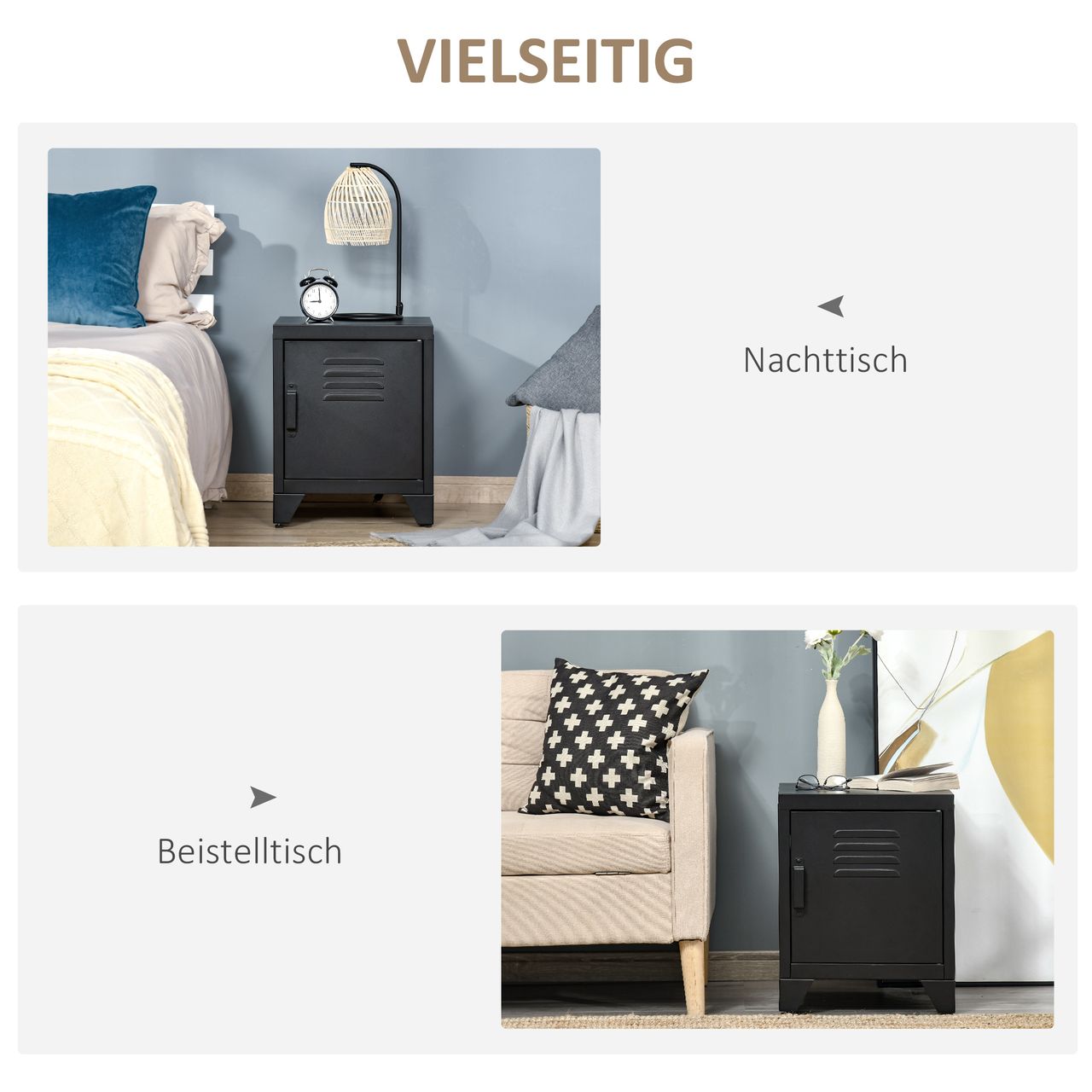HOMCOM Nachttisch Nachtschrank Schlafzimmer Beistelltisch mit verstellbarem Regal Tür Nachtkommode Industriedesign Metall Schwarz 50 x 40 x 47,5 cm