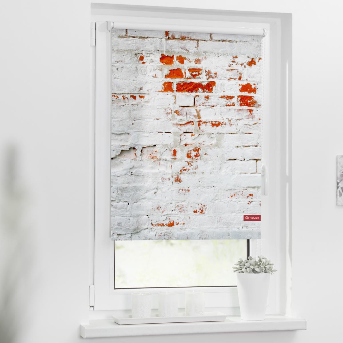 Lichtblick Rollo Klemmfix, ohne Bohren, blickdicht, Mauer - Weiß Rot, 60 x 150 cm (B x L)