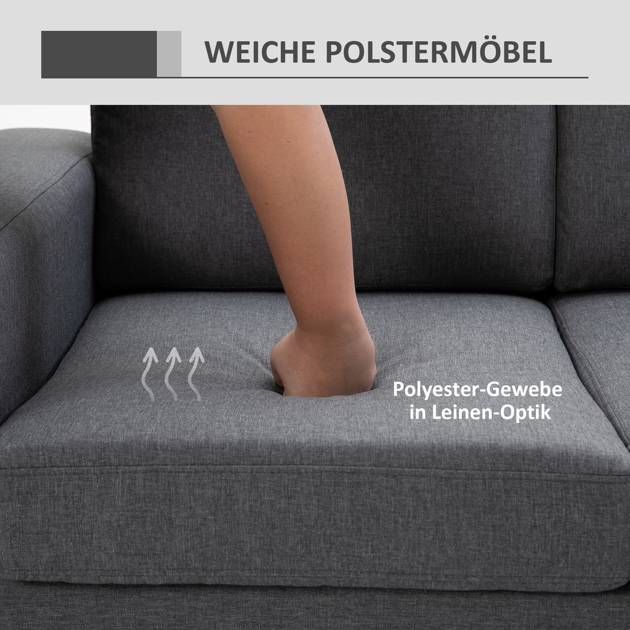HOMCOM Polstersofa 3-Sitzer Sofa Stoffsofa Sitzmöbel Fernsehsessel Kissen Armlehne Leinen dunkelgrau 200 x 82 x 78 cm