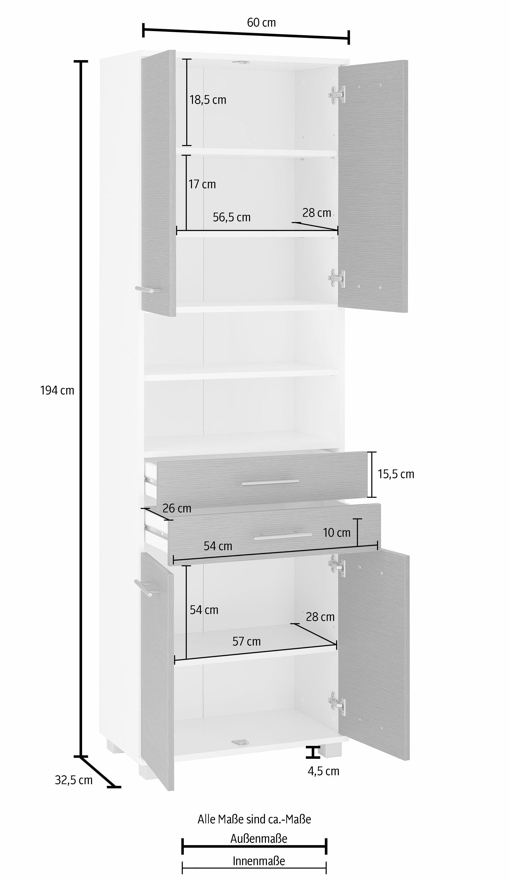 Schildmeyer Hochschrank Palermo Breite 60 cm, verstellbare Einlegeböden, Metallgriffe