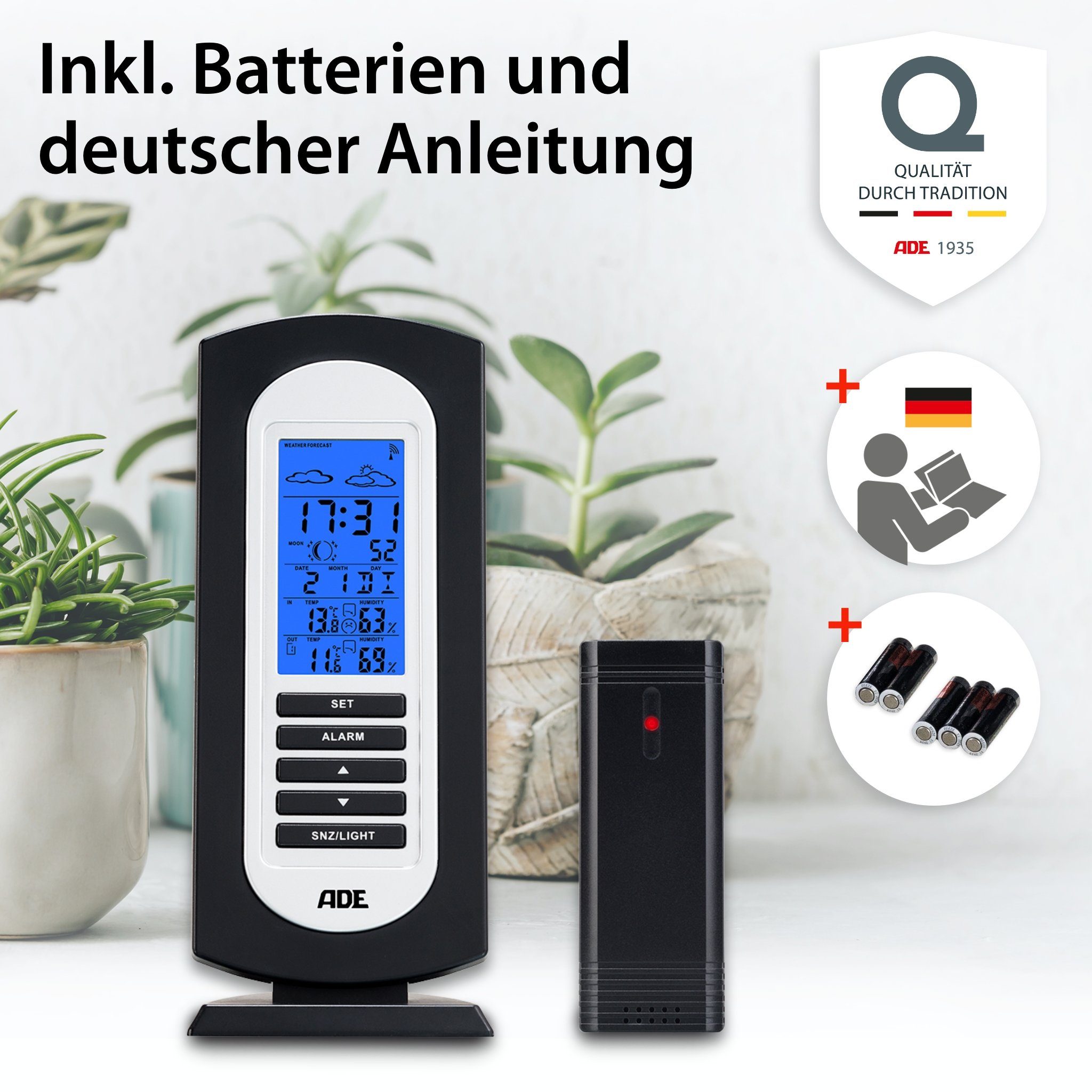 ADE Wetterstation Funk mit Außensensor, mit Vorhersage Funkwetterstation (mit Außensensor, Temperatur, Luftfeuchtigkeit, Uhrzeit, Wettervorhersage)