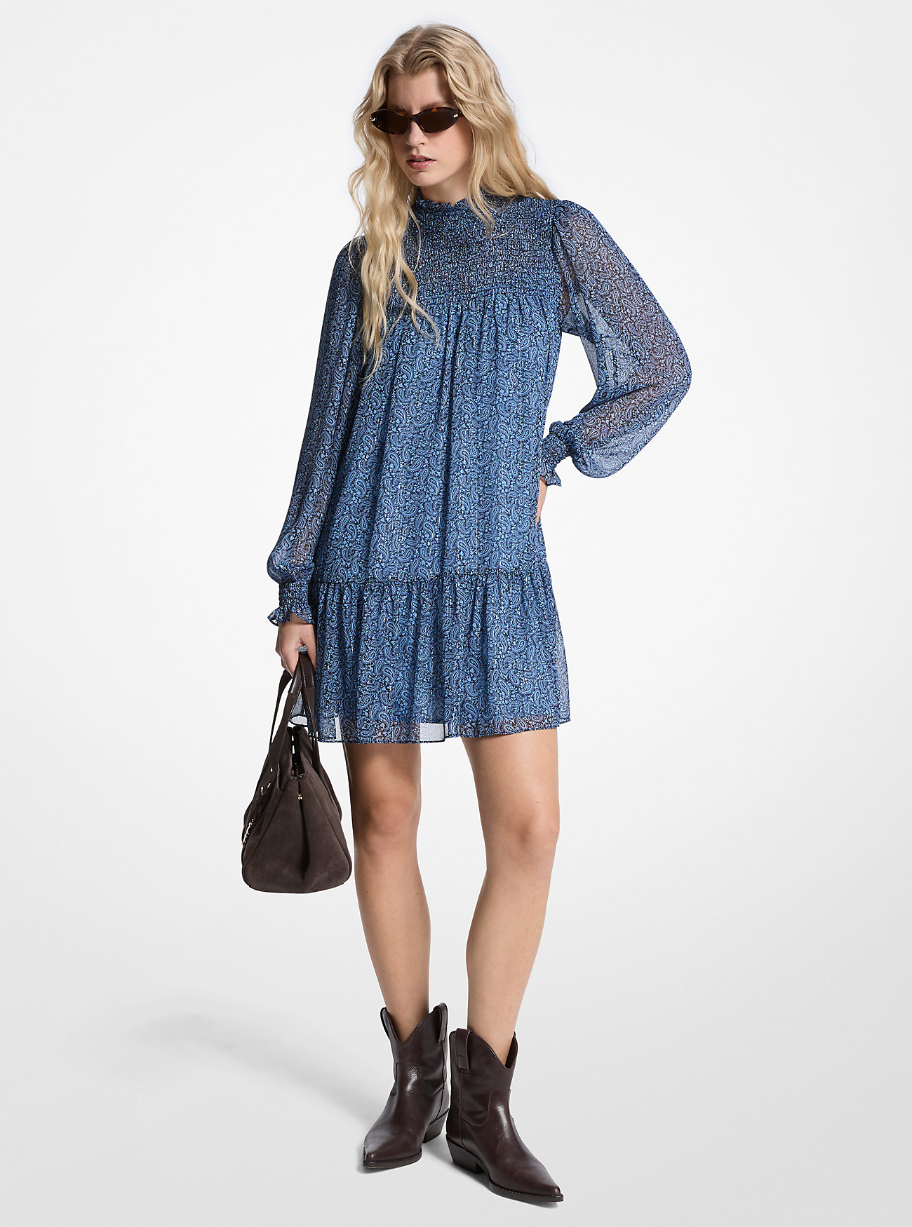 Abito in georgette con stampa paisley metallizzata - BLU FRANCESE