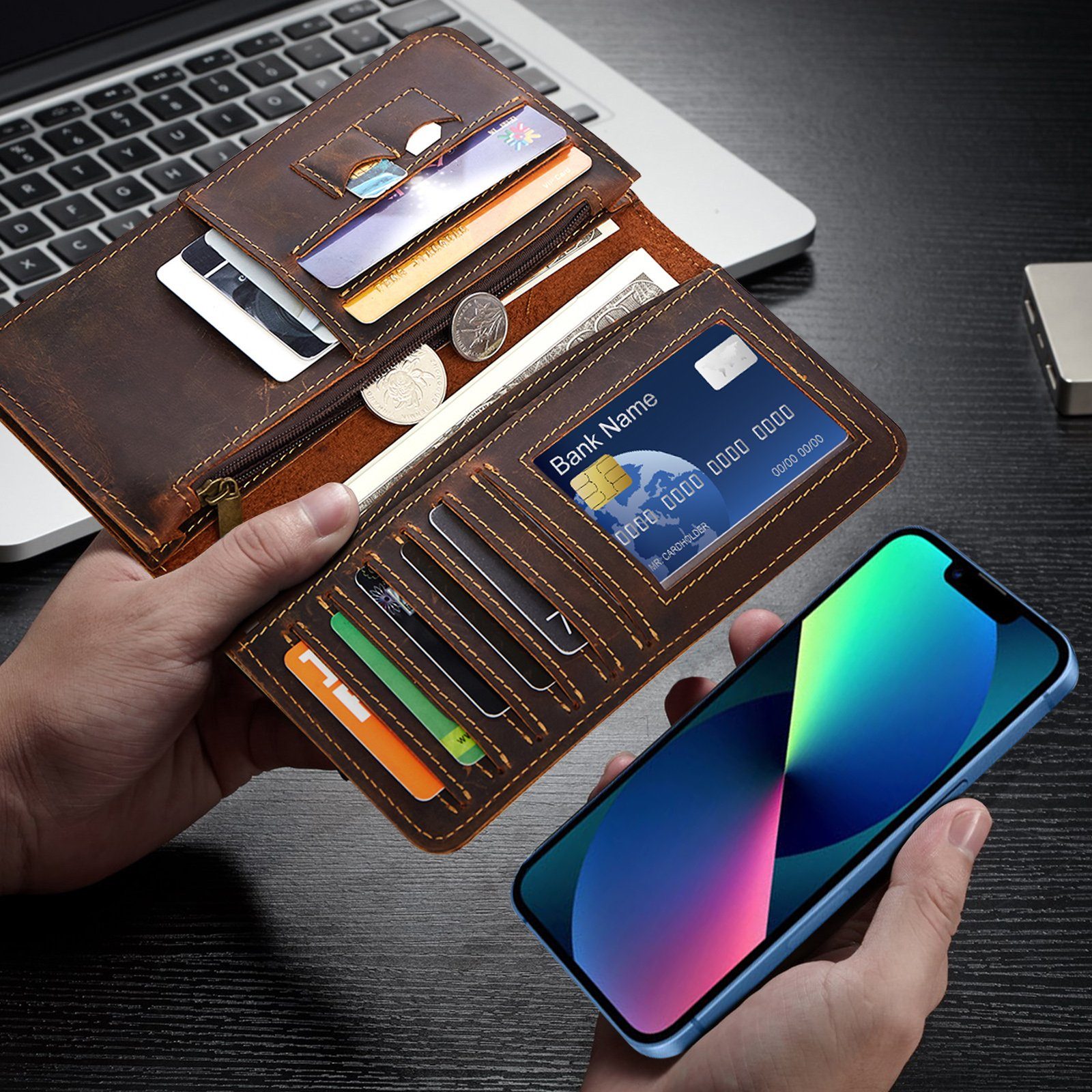 TAN.TOMI Geldbörse Echtleder Geldbörse Gross Geldbeutel Lang Portemonnaie Vintage Herren, mit RFID Schutz, Groß Reißverschlussfach und Viele Kartenfächer