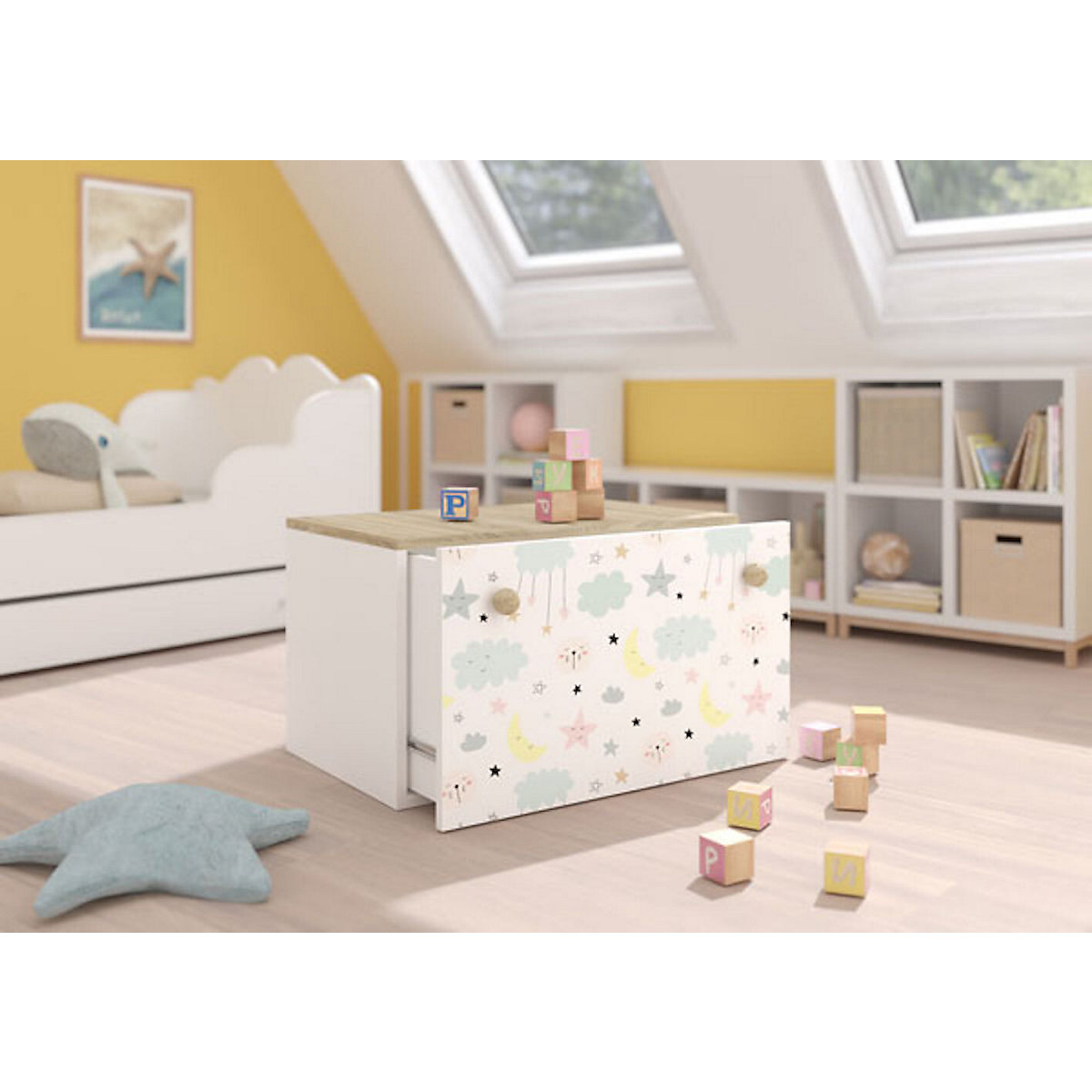 Spielzeugtruhe Sitztruhe Inga 70cm Motiv wählbar mit 1 Schublade