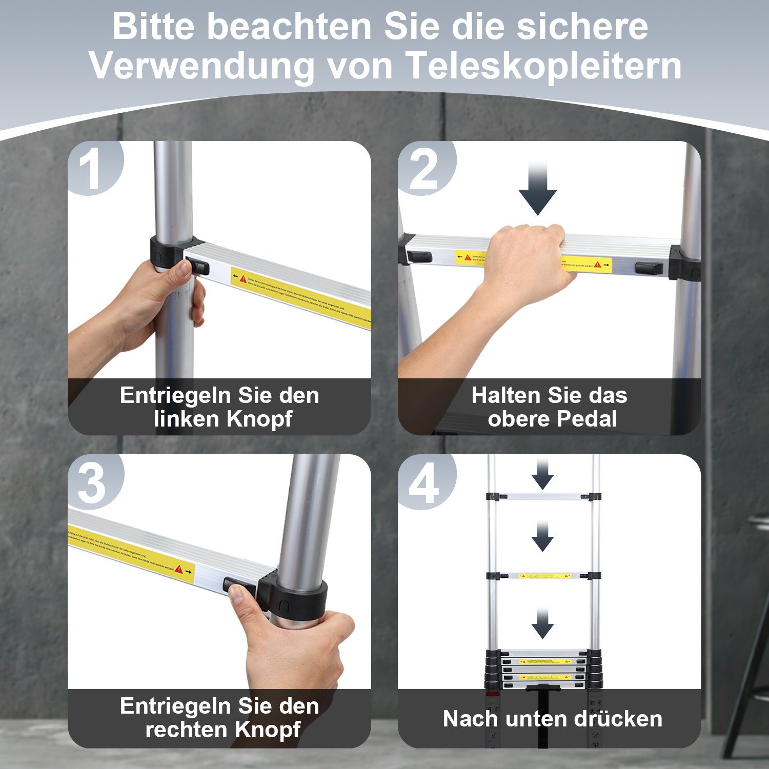 Gimisgu Teleskopleiter Teleskopleiter Alu 1.9+1.9m mit Stabilisator Rädern Anlegeleiter