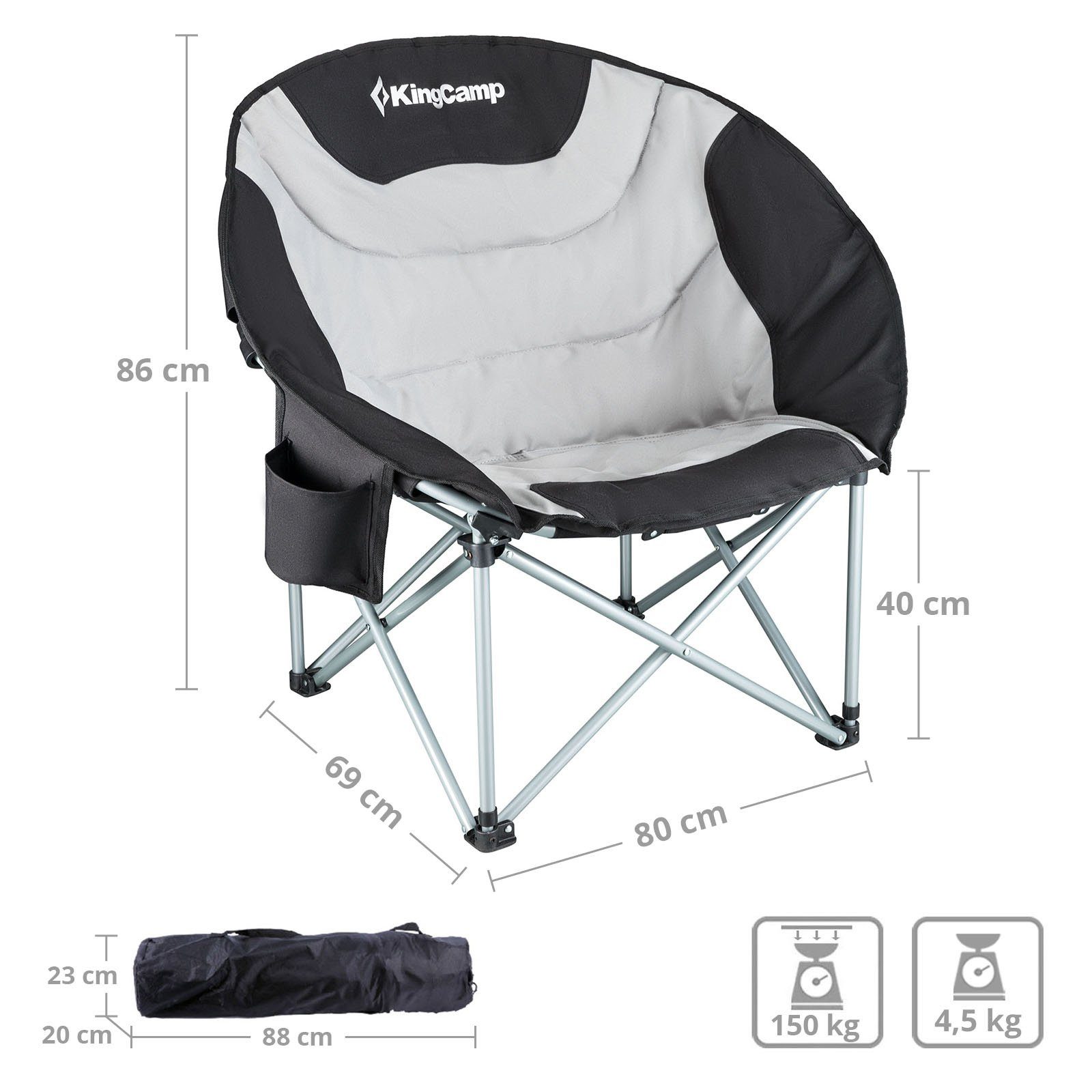 KingCamp Campingstuhl MoonChair XL Camping Klapp Stuhl, Garten Falt Sessel Kühltasche 150 kg