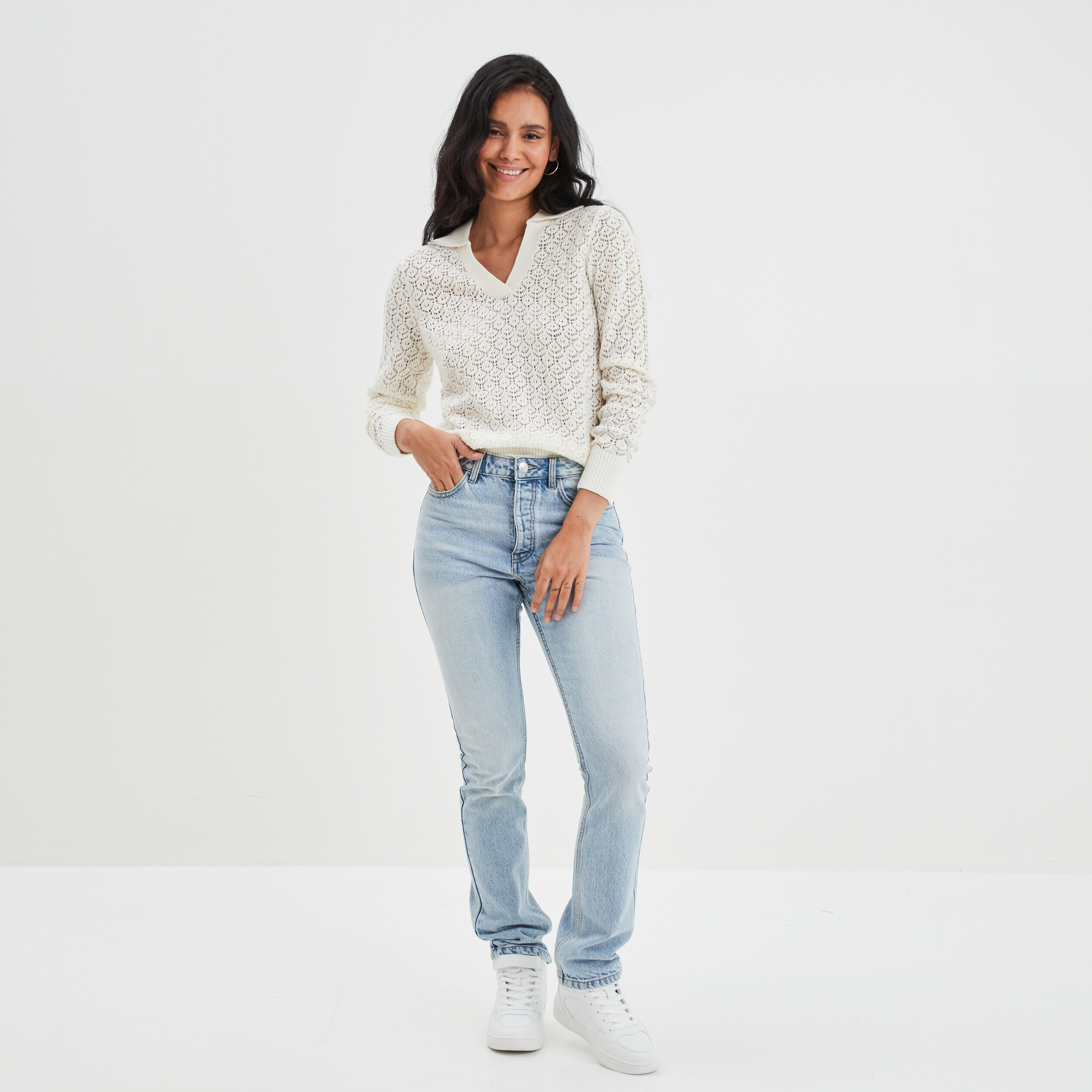 Pull ajouré col polo Creeks blanc femme | La Halle