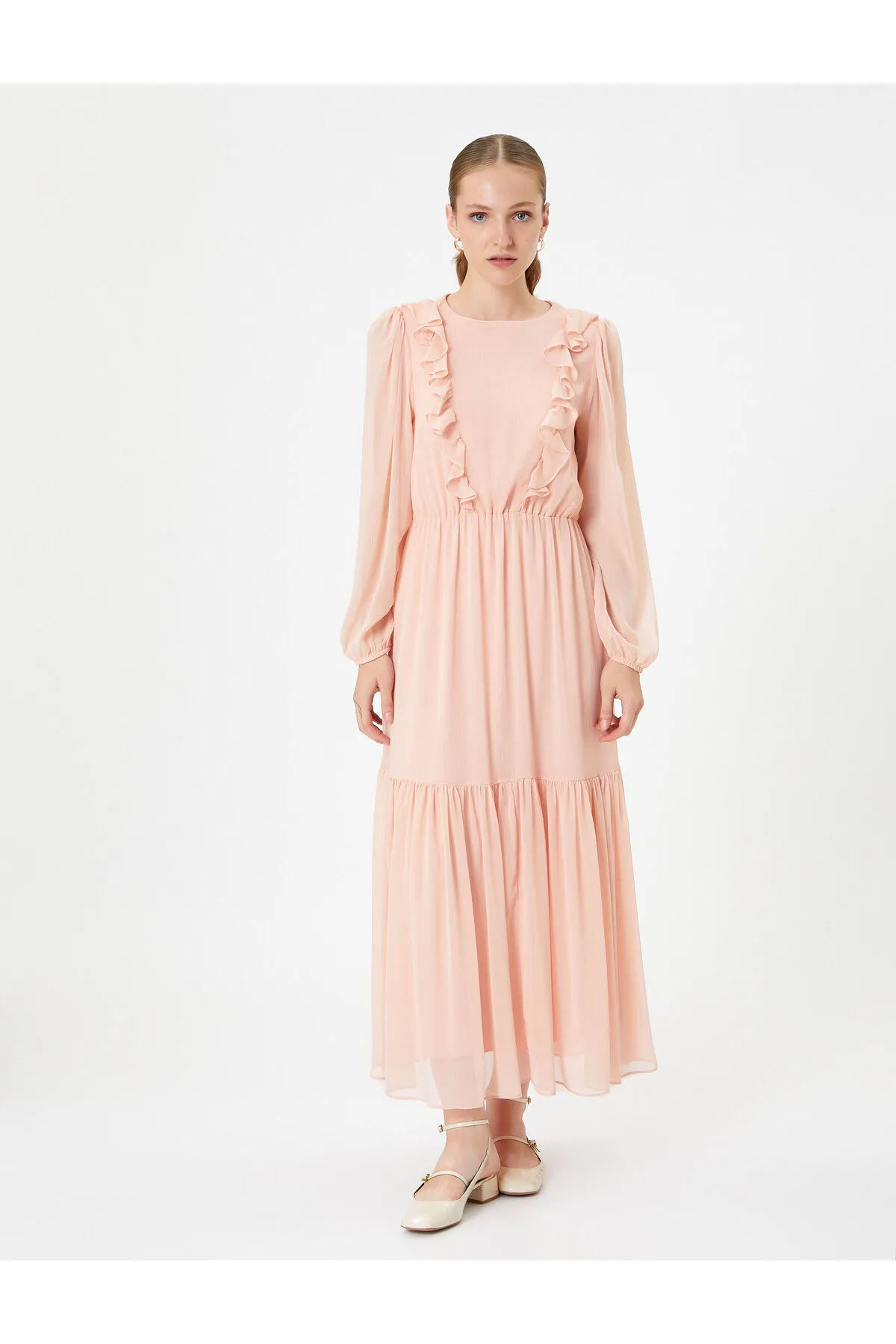 Koton  Chiffon-langes Kleid, Ballonärmel, Rüschen, Rundhalsausschnitt