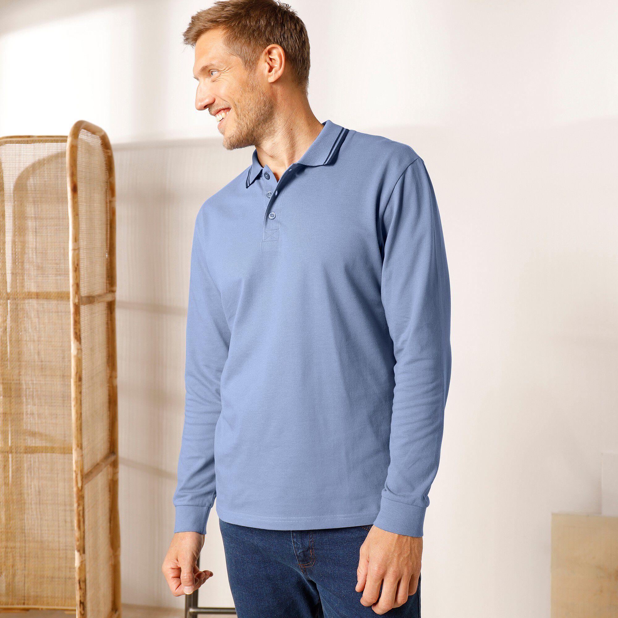 Polo uni maille piquée manches longues