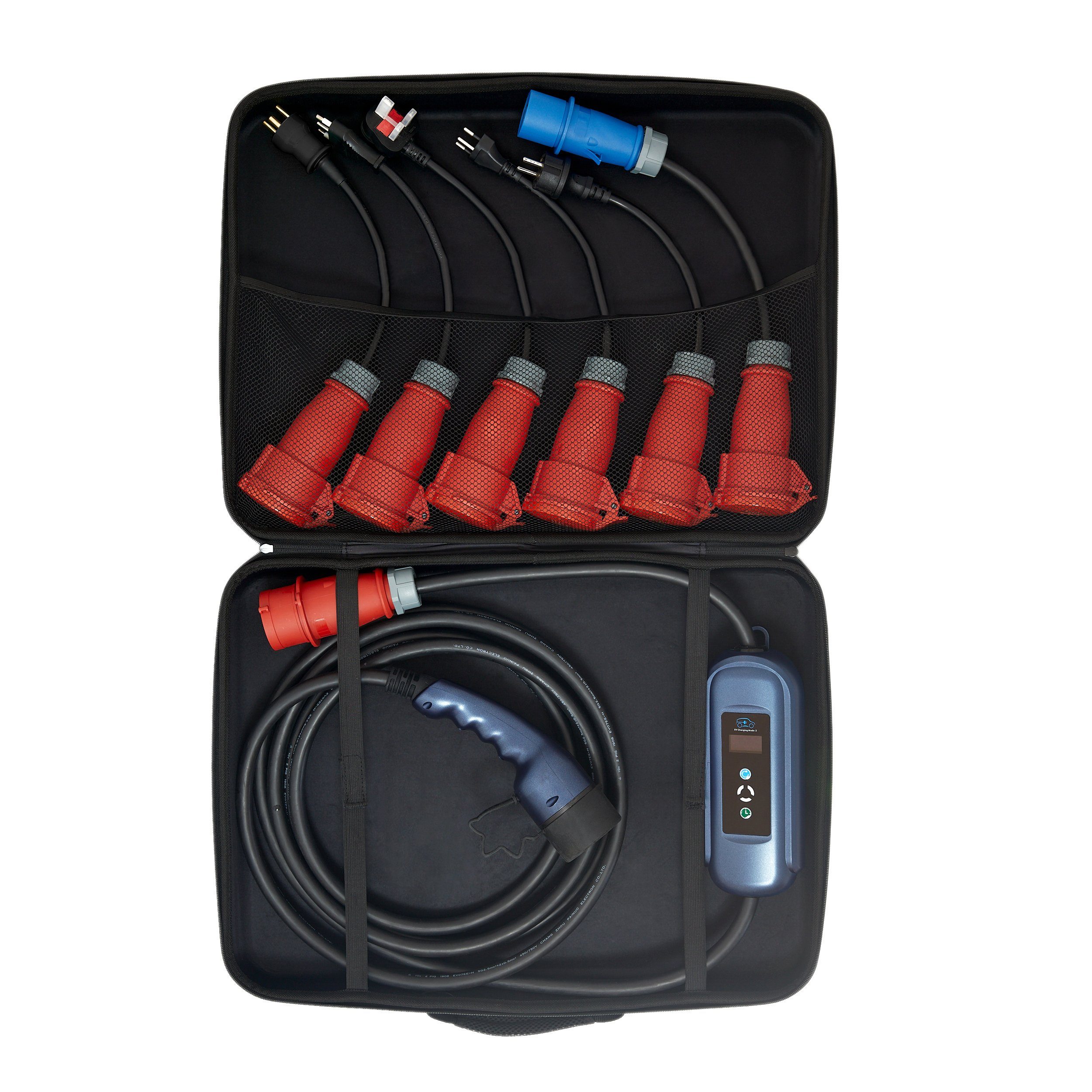 VOLTMOVE mobile Elektroauto-Ladestation Typ 2 auf CCE16 3P mit mobiler Wallbox, 11,00kW / 16A, Reise-Set mit 6 Adaptern, Wandhalterung & Koffer
