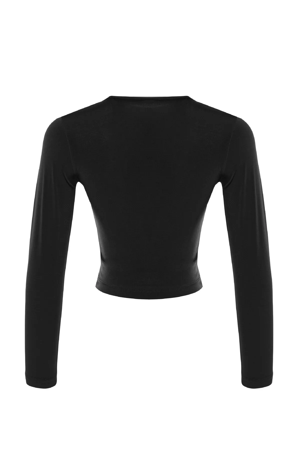 Trendyol Collection  Schwarze, eng anliegende, eng anliegende, dehnbare Strickbluse mit hohem Kragen und gerafften Ärmeln TWOAW23EL01391