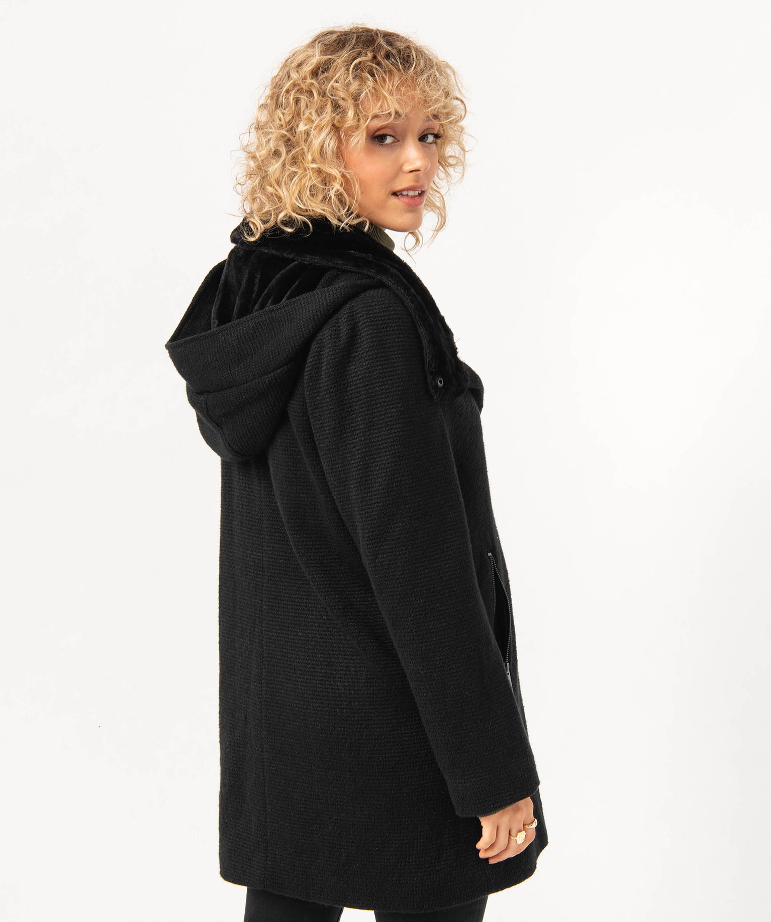 Manteau en maille avec col fourrure imitation femme noir | GEMO