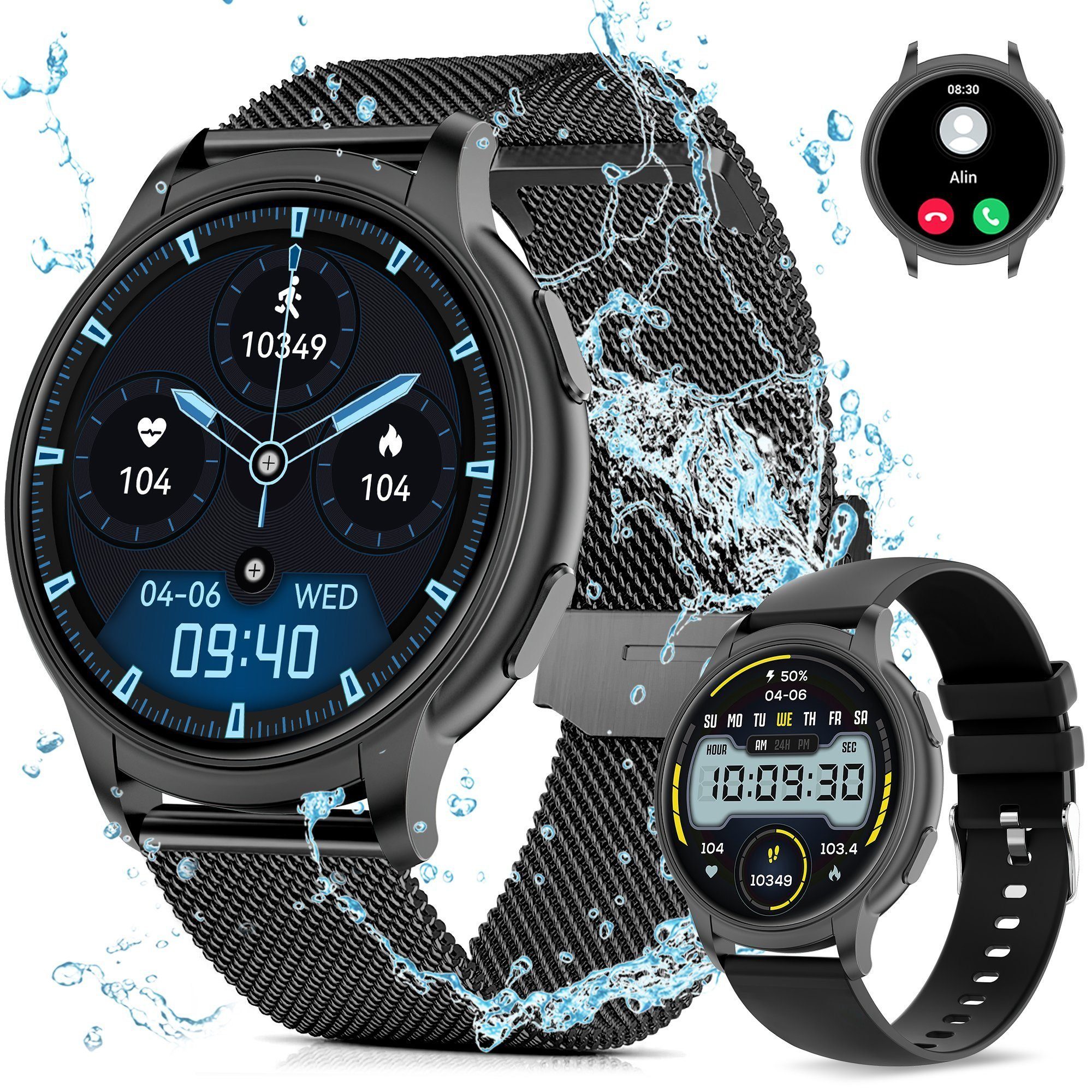 Mutoy Smartwatch Damen Herren Smartwatch, Fitness Tracker Uhr mit Anrufe Smartwatch (Enthält ein Stahlgürtel und ein Silikon Armband, Fitnessuhr mit Telefonfunktion, IP67 Wasserdicht,1.52