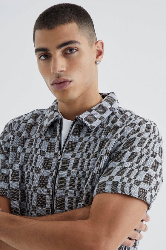 Kurzärmliges kariertes Space Dye Overshirt mit Reißverschluss
