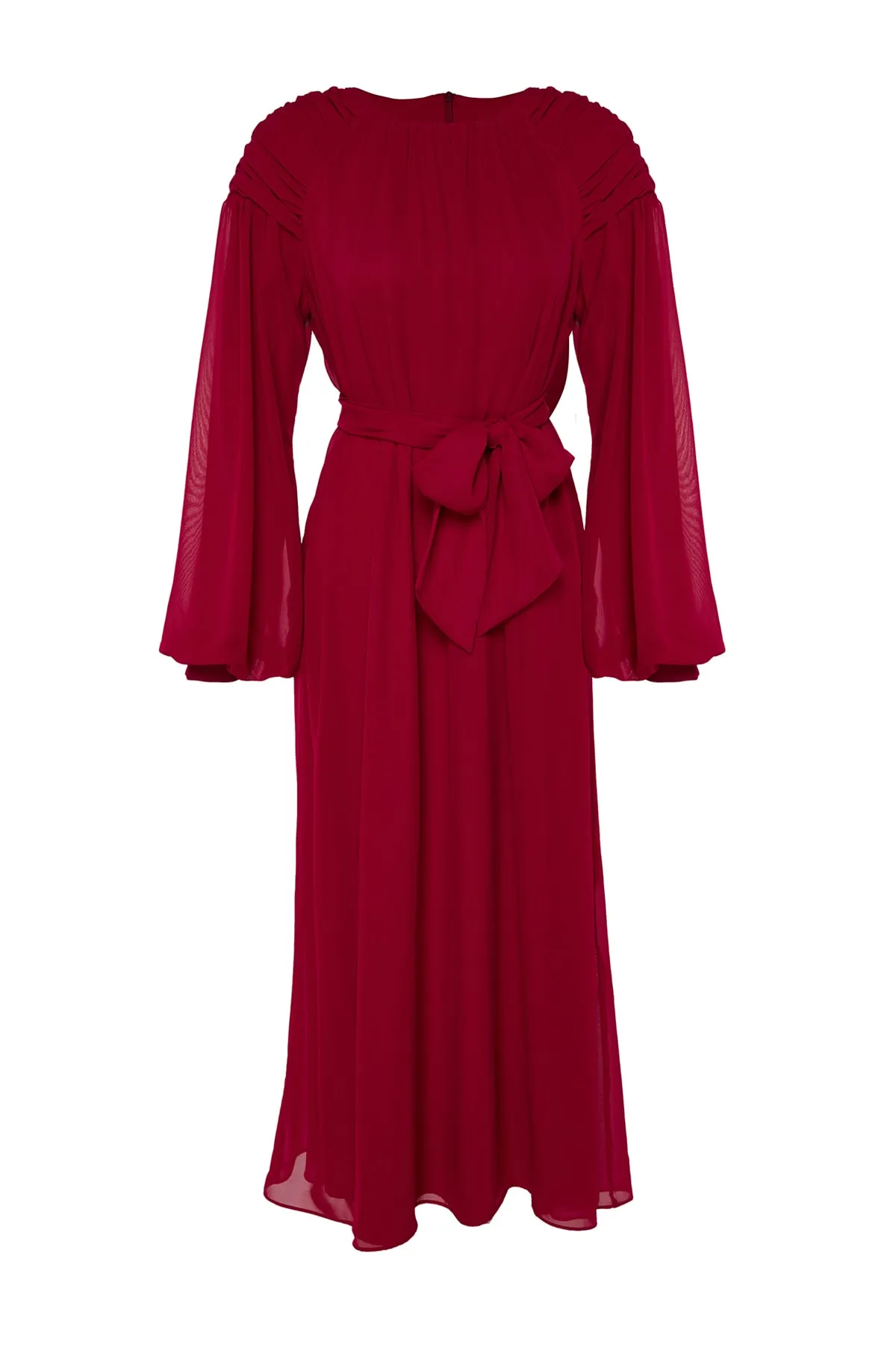 Trendyol Modest  X Kevser Sarıoglu Fuchsia Chiffon-Abendkleid mit drapierten Schultern und Gürtel TCLSS23DB00005