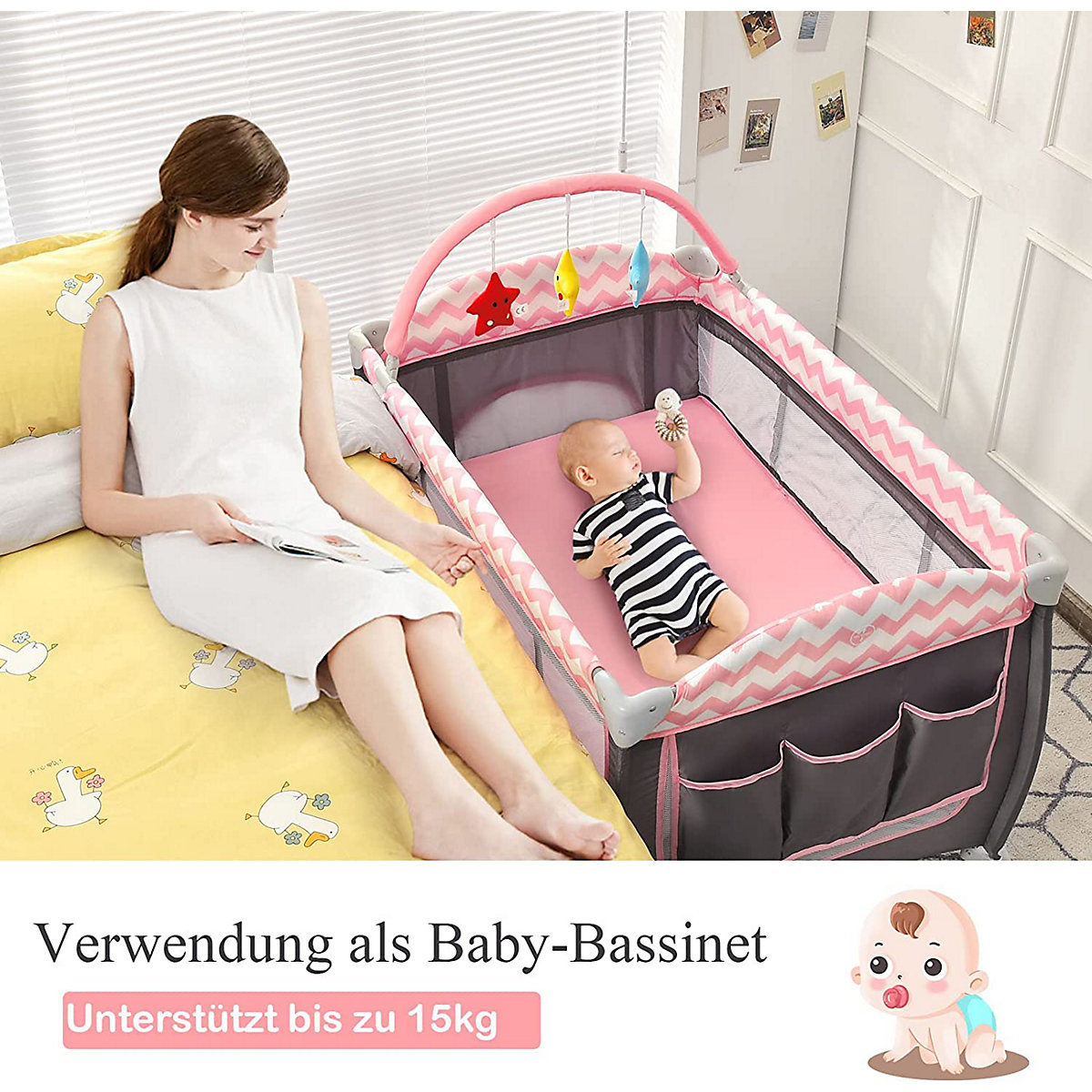 3-in-1 Reisebett mit Matratze & Spielzeugstange
