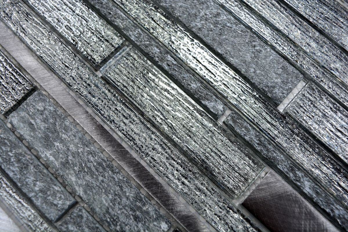 Mosani Mosaikfliesen Glasmosaik Naturstein Alu Mosaik schwarz glänzend / 10 Matten
