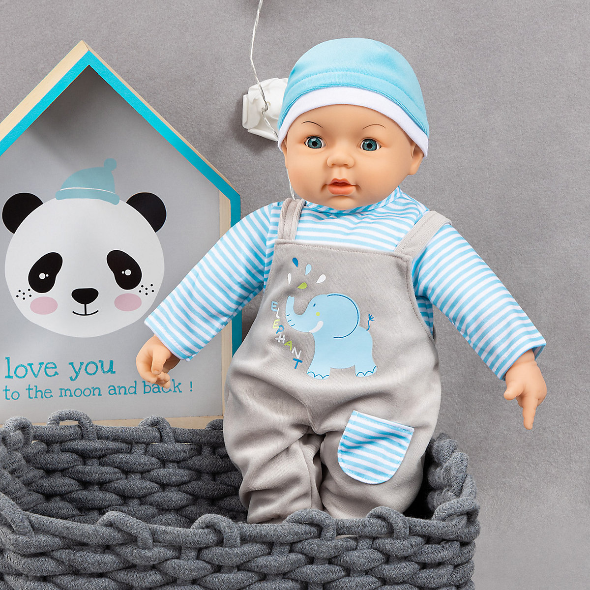 Kleider für Puppen 40-46 cm: 3-tlg. - Latzhose, Oberteil, Mütze, blau/grau