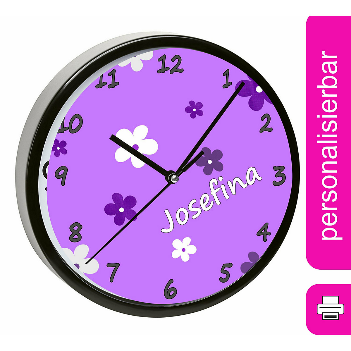 Kinder Wanduhr personalisiert mit Name Blumenranke Lila