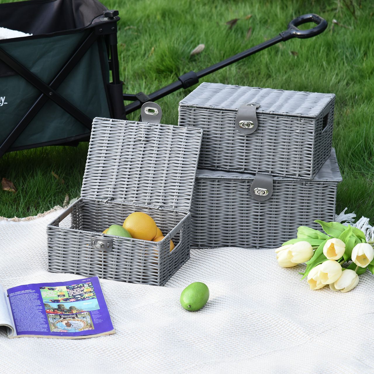 HOMCOM Rattan Aufbewahrungsboxen 3er-Set 18L, 12L, 7L Aufbewahrungskorb
