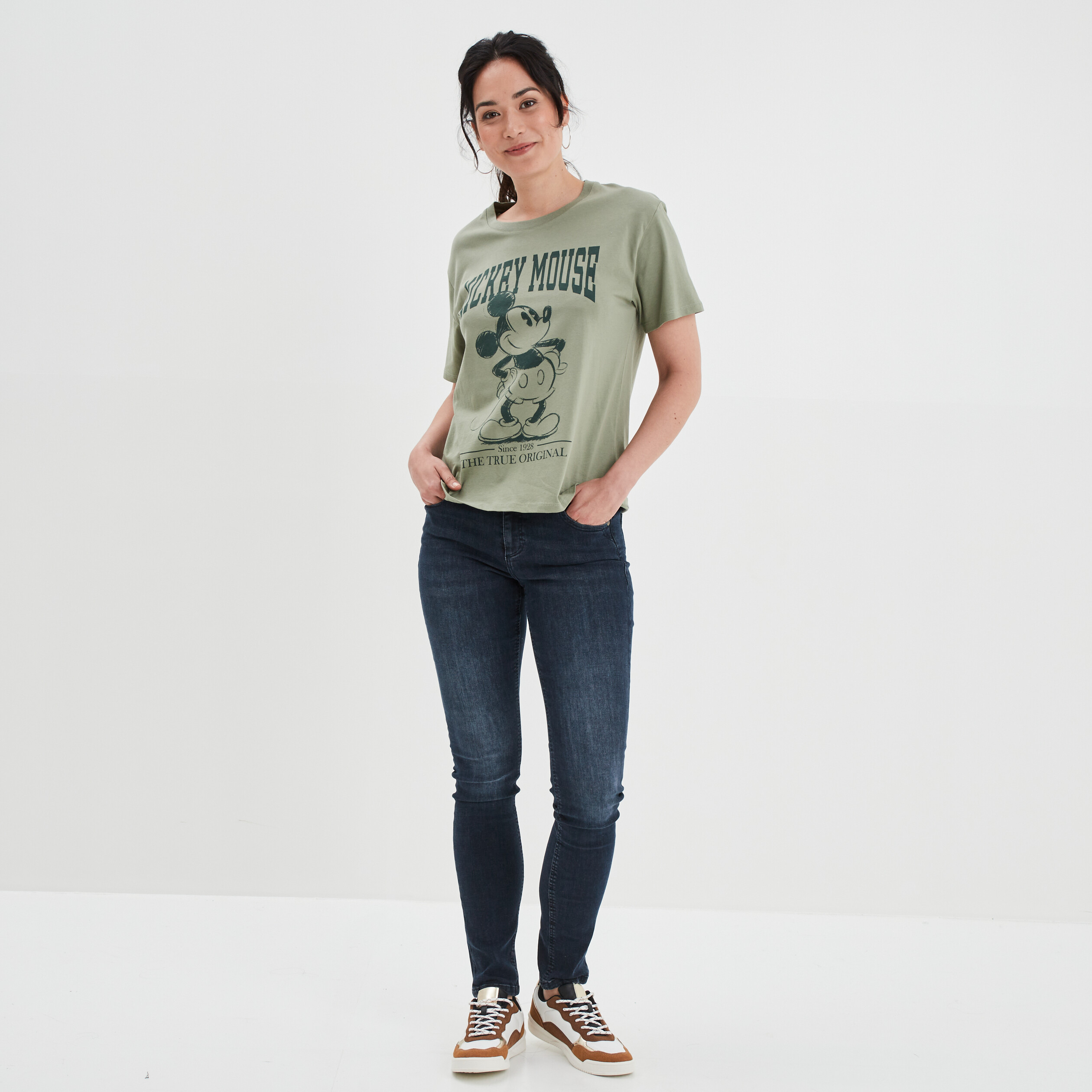 T-shirt droit col rond coton Mickey vert kaki femme | La Halle