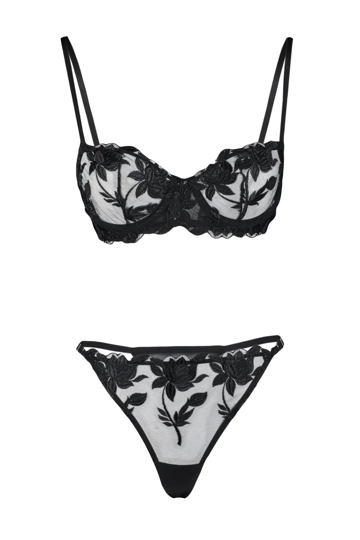 Trendyol Collection  Schwarzes, besticktes Spitzenunterwäsche-Set mit String-Trägern und Kappe aus Strick THMAW24CC00012