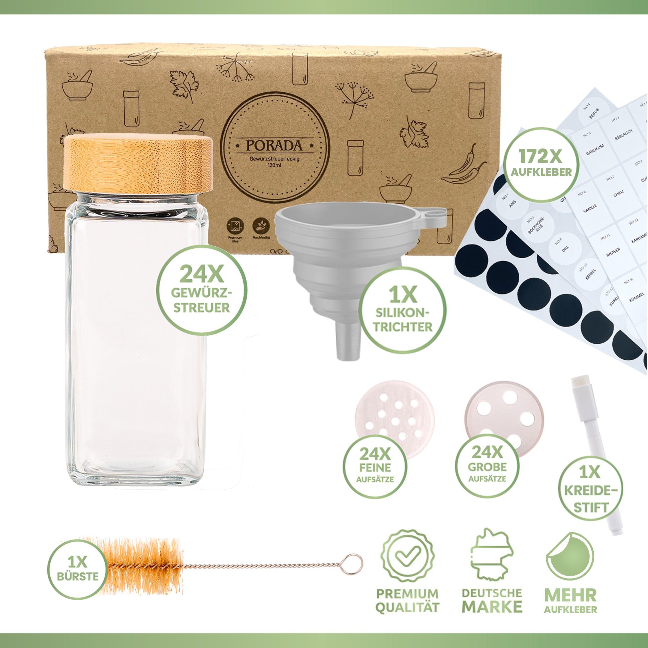 PORADA Gewürzbehälter Gewürzstreuer 120 ml Bambus Deckel x172 Etiketten Stift & Trichter, (Set, 24-tlg., x24 Gewürzstreuer)