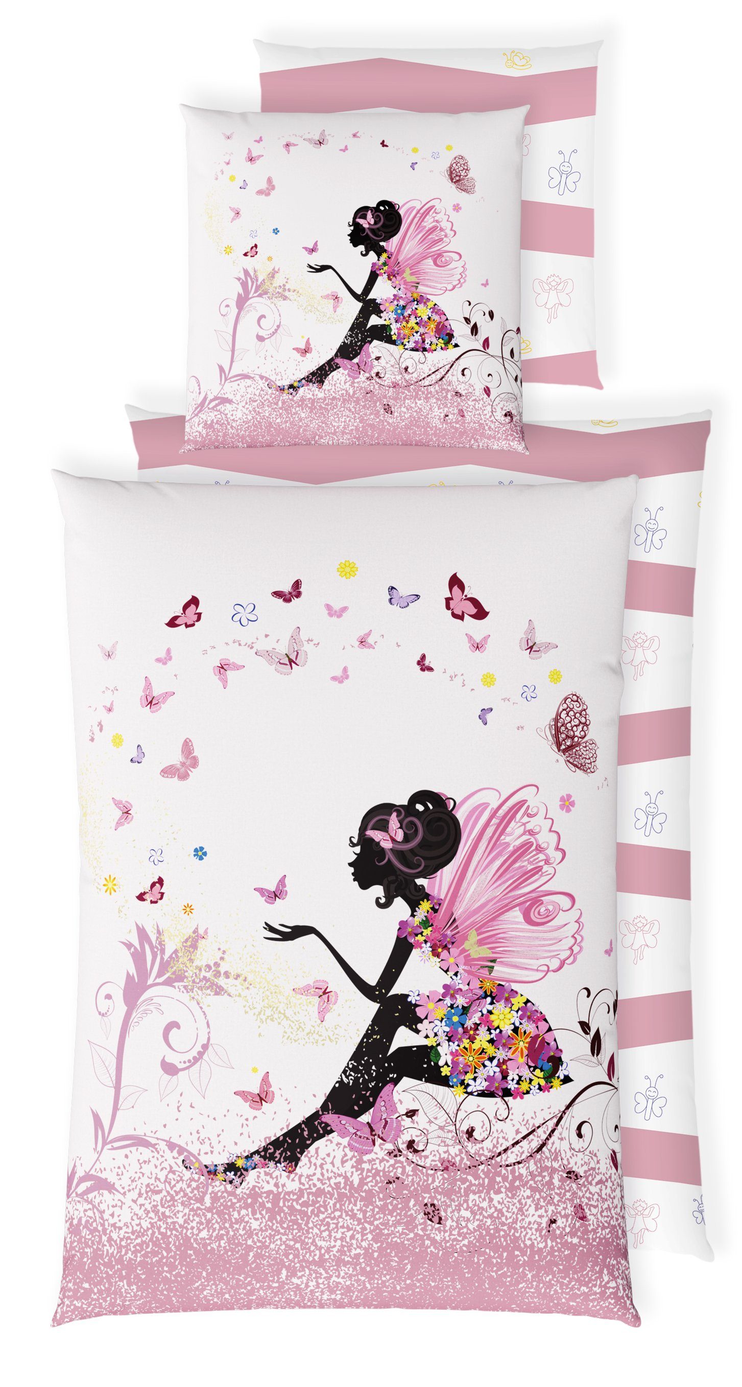 Kinderbettwäsche Leuchtende Bettwäsche 135x200 Rosa Bettbezug Mädchen Fee + 10 SPIELE, Carpe Sonno, Baumwolle, 2 teilig, GLOW IN THE DARK Elfe Kinder Bettwäsche Schmetterling