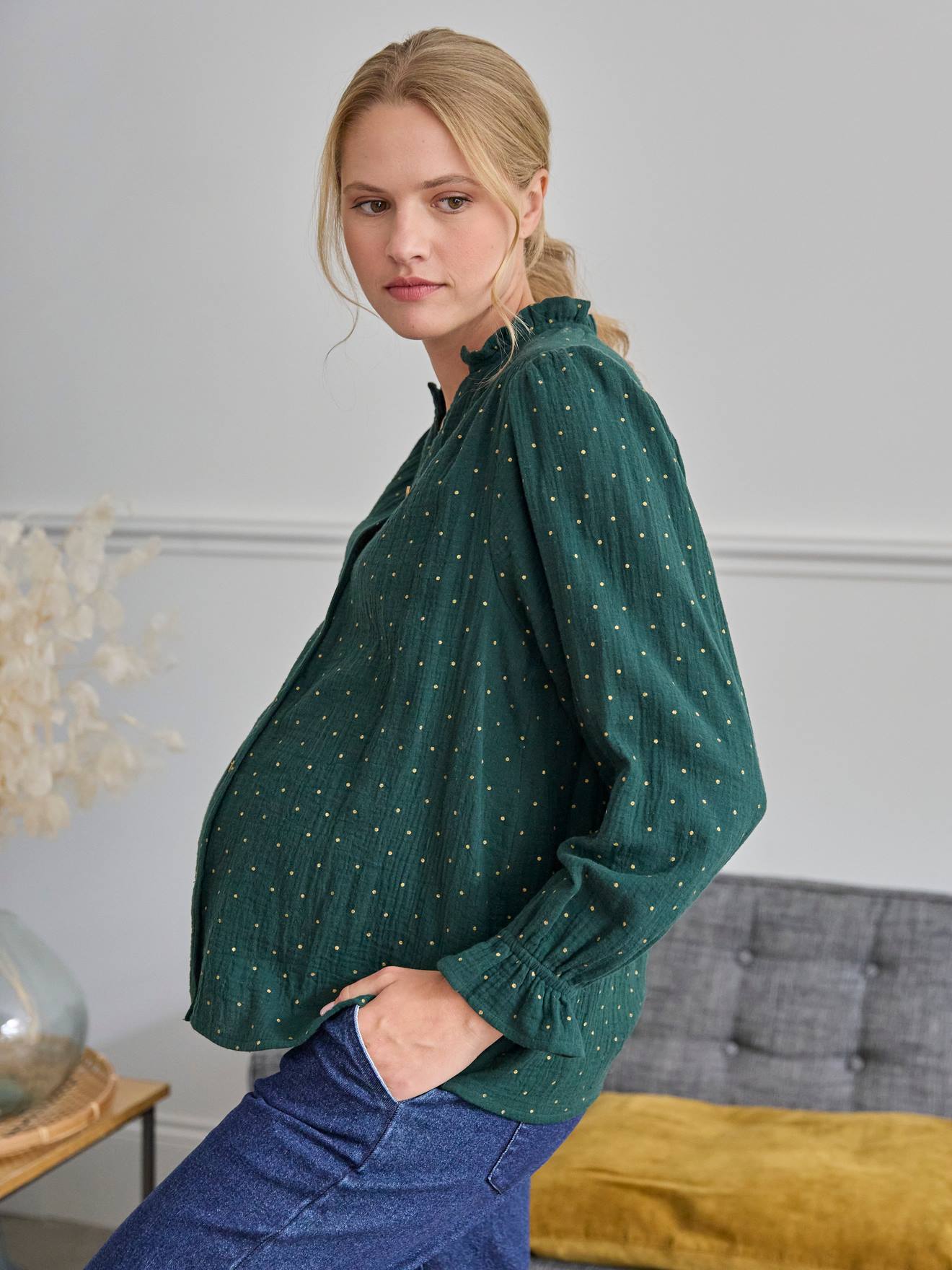 Blouse gaze de coton grossesse et allaitement vert sapin