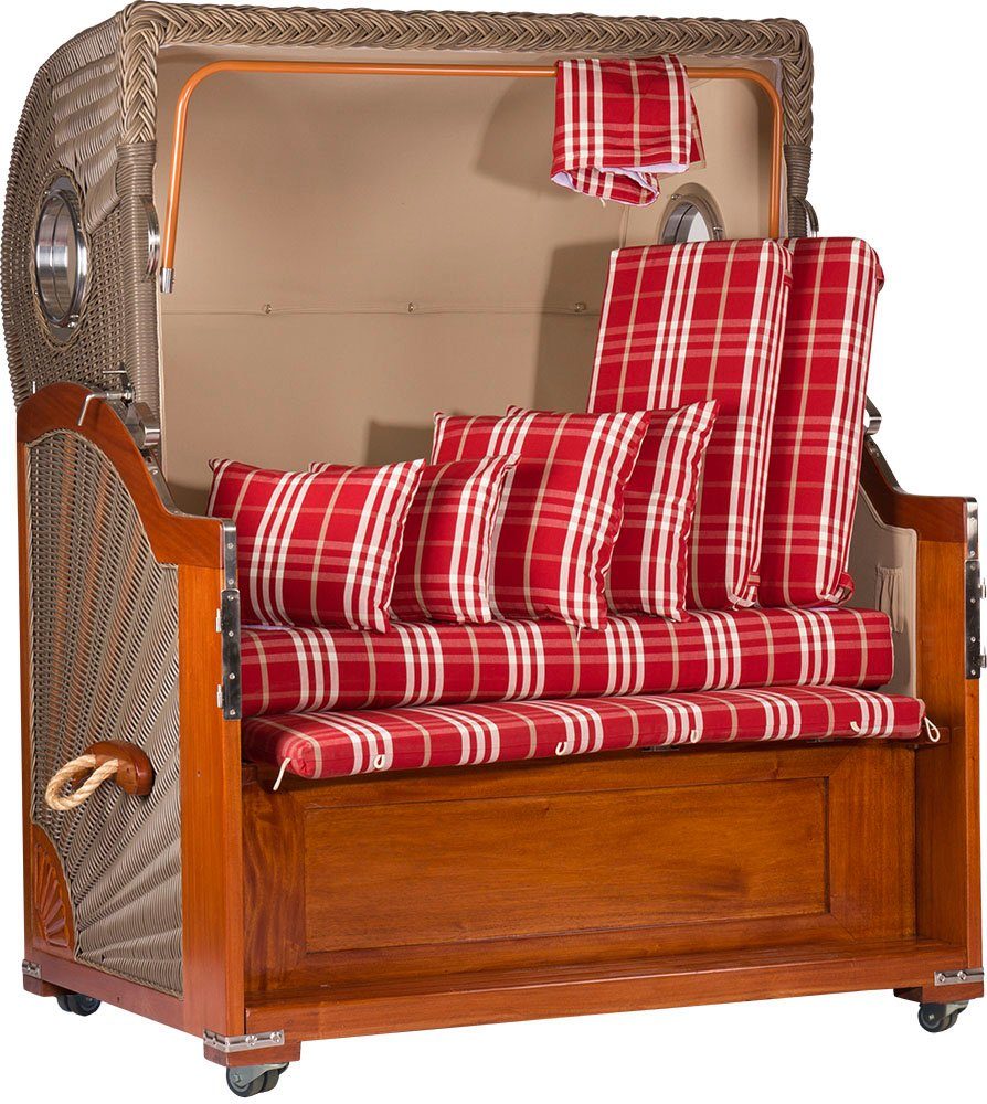Trendyshop365 Strandkorb Luxus, BxTxH: 138,00x95,00x170,00 cm, Vollieger, Ostsee-Modell, (2-Sitzer), Mahagoni, komplett fertig montiert, mit 4 Rollen