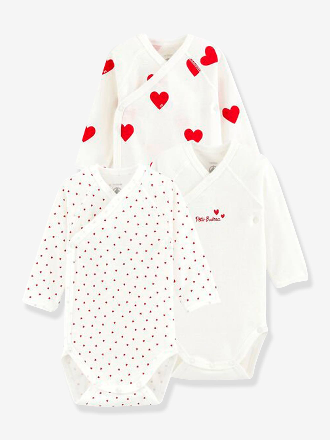 Lot de 3 bodies croisés manches longues coeurs bébé naissance en coton bio PETIT BATEAU blanc