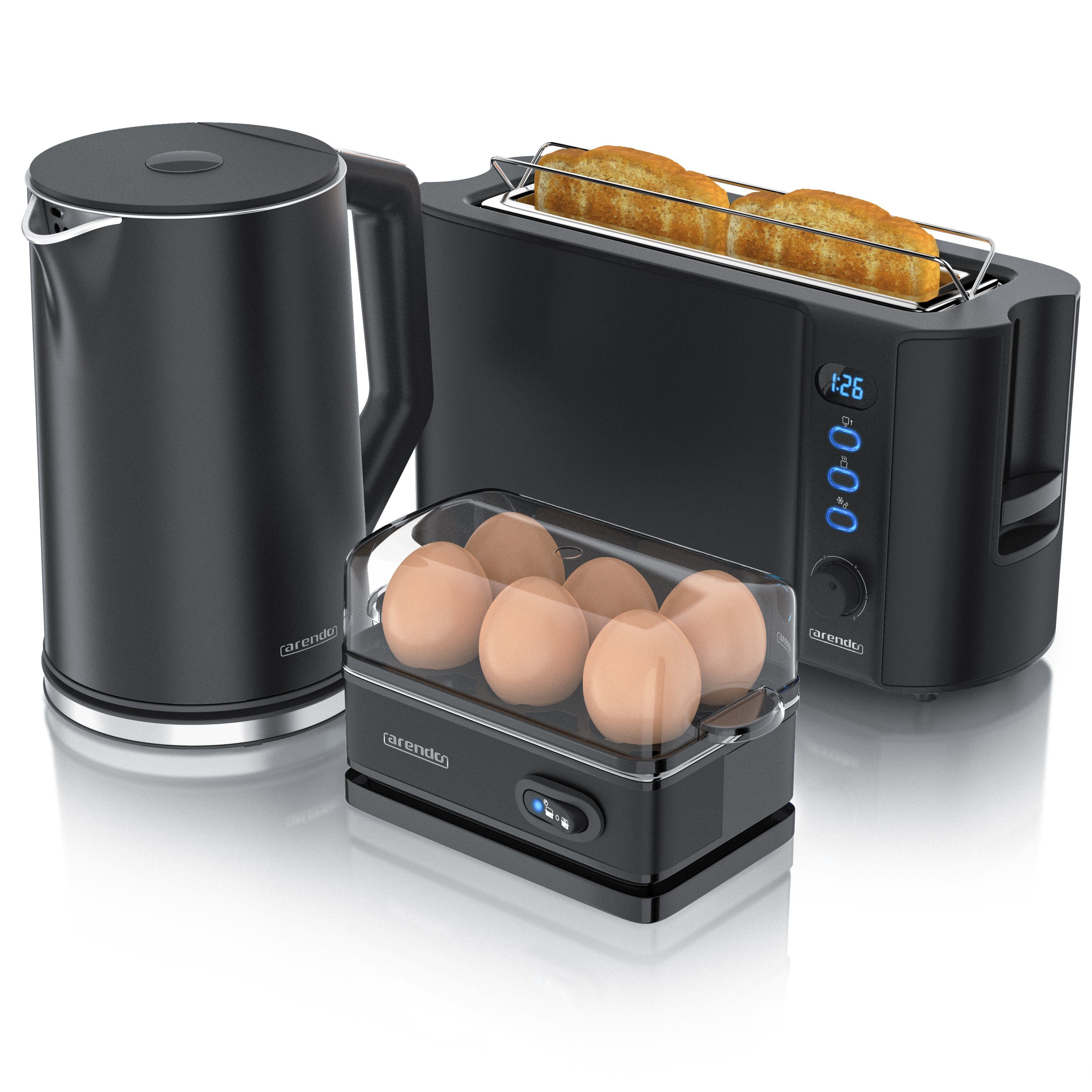 Arendo Frühstücks-Set (3-tlg), Wasserkocher 1,5l, 2-Scheiben Toaster, 6er Eierkocher, Schwarz
