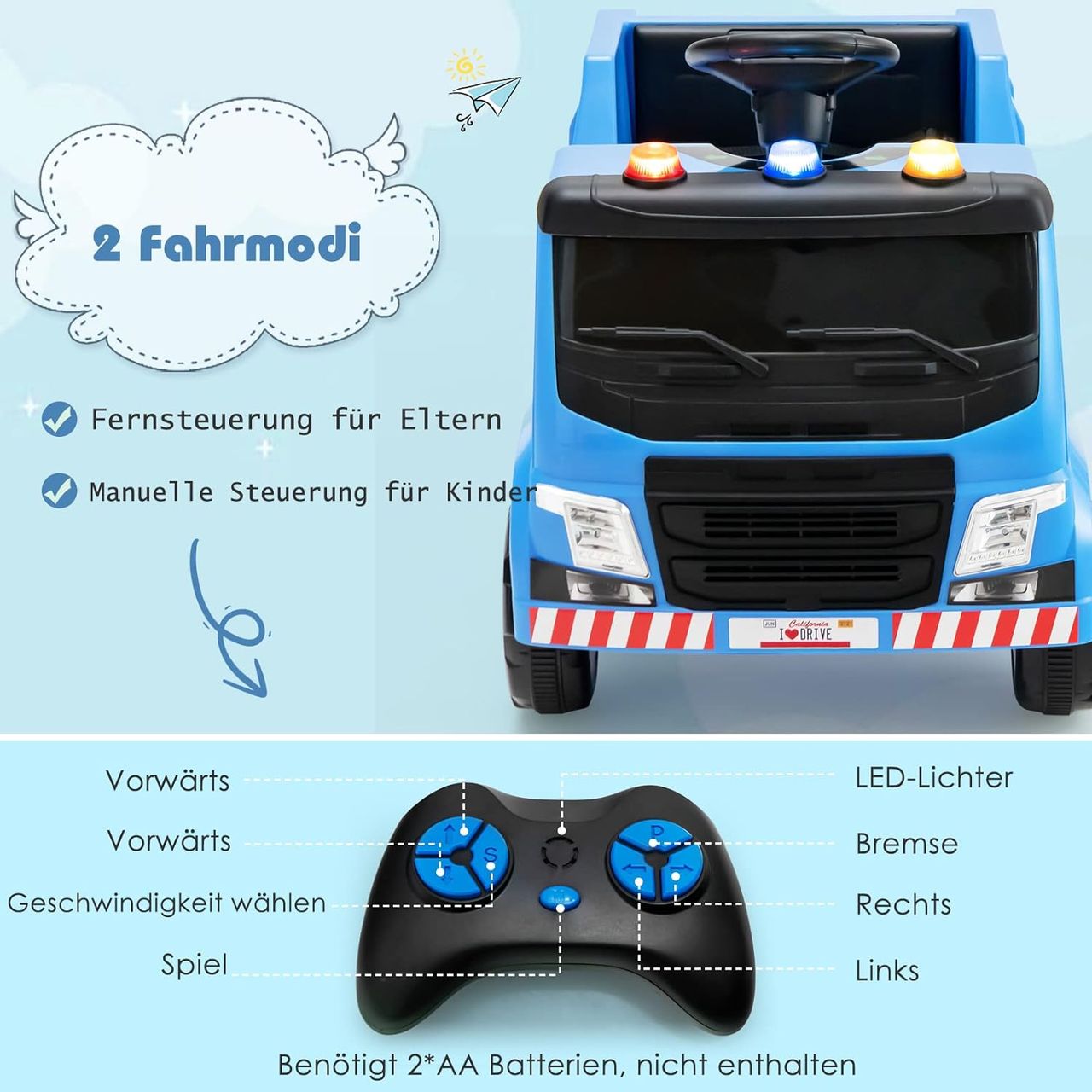 Costway 12V Kinder Aufsitz Müllwagen mit Musik, Hupen und Licht