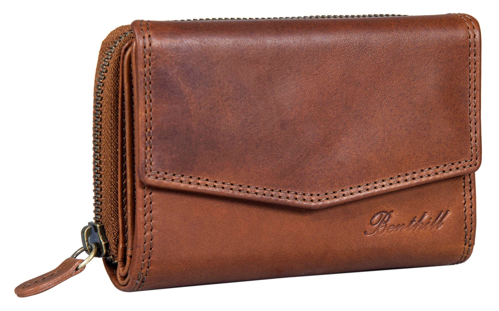Benthill Geldbörse Damen Portemonnaie Echt Leder Vintage Portmonee Kreditkartenetui, RFID-Schutz Kartenfächer Münzfach Reißverschlussfach
