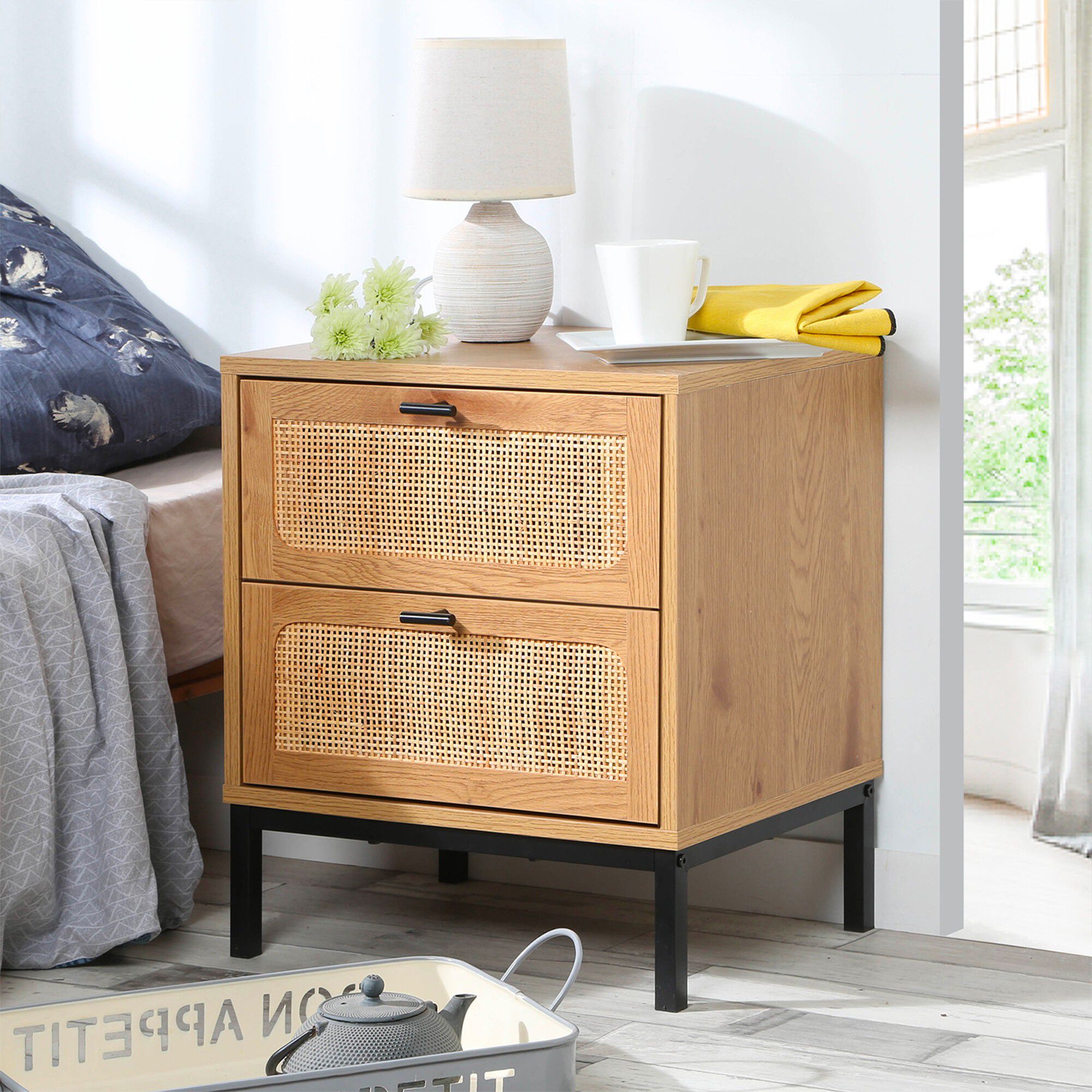 Table de chevet WICKOOD 2 tiroirs avec cannage rotin