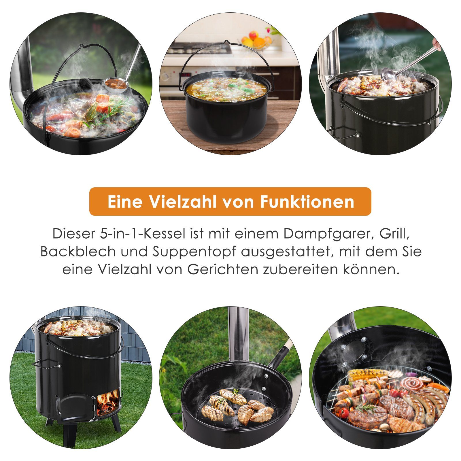 Femor Holzkohlegrill, 21L Ungarischer gulaschkessel mit deckel, Kugelgril