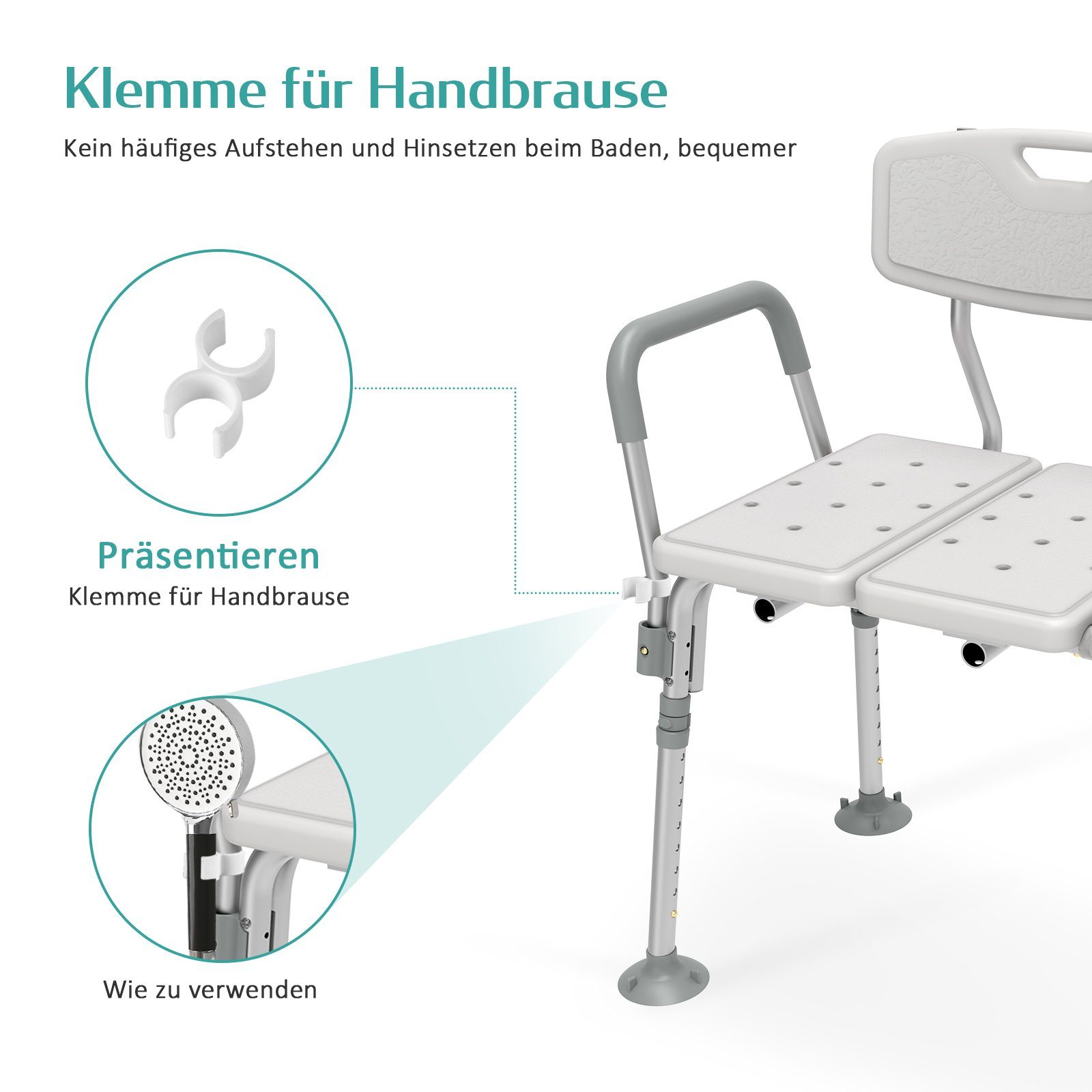 EMKE Duschhocker Duschhilfe Sitzfläche mit Sicherheitsgriffen Badhocker mit Armlehnen, Höhenverstellbar Anti-Rutsch-Gummifüße Belastbar bis 125 kg